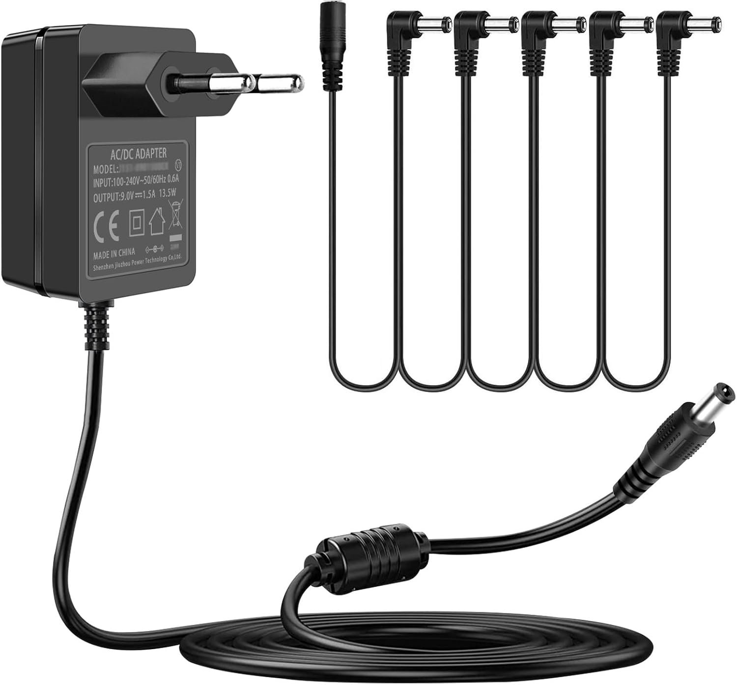 9V voeding voor gitaarpedalen, 100-240V AC naar DC 9Vdc 1.5A 1A voedingsadapter middennegatief, met 5-wegs margrietkabel voor Boss gitaareffectpedalen Casio keyboard.