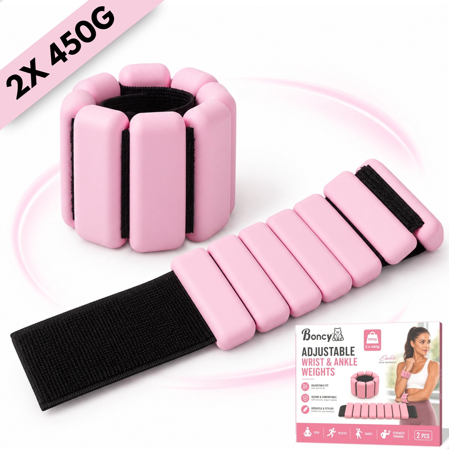 Boncy® Enkelgewichten en Polsgewichten - 2 x 450g Siliconen Gewichten voor Pols & Enkel, Arm & Been - Enkelgewicht Polsgewicht Gewichtjes - Ankle & Wrist Weights Gewichtsmanchetten Verstelbaar - Pilates Fitness Yoga Krachttraining Wandelen Hardlopen