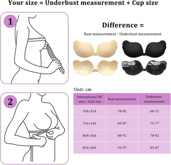 Set van 2 Herbruikbare Zelfklevende Push Up Bh's - Rugloze en Onzichtbare Silicone Bh met 4 Borstpads en 36 Klevende Strips voor Trouwe Jurk, Cup A — afbeelding 5