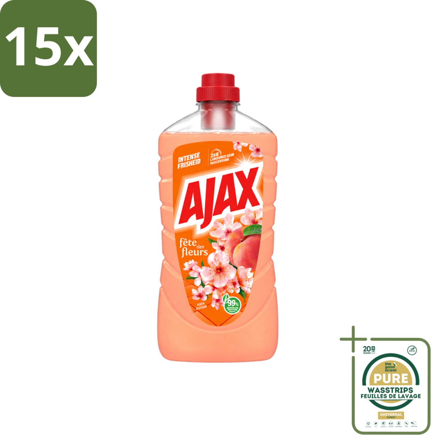 15 x Ajax – Allesreiniger – Perzik – 1000 ml - Wasstrips - Allesreiniger Perzik - Reiniging - Frisheid - Perzikgeur - Huishoudelijke Reiniging