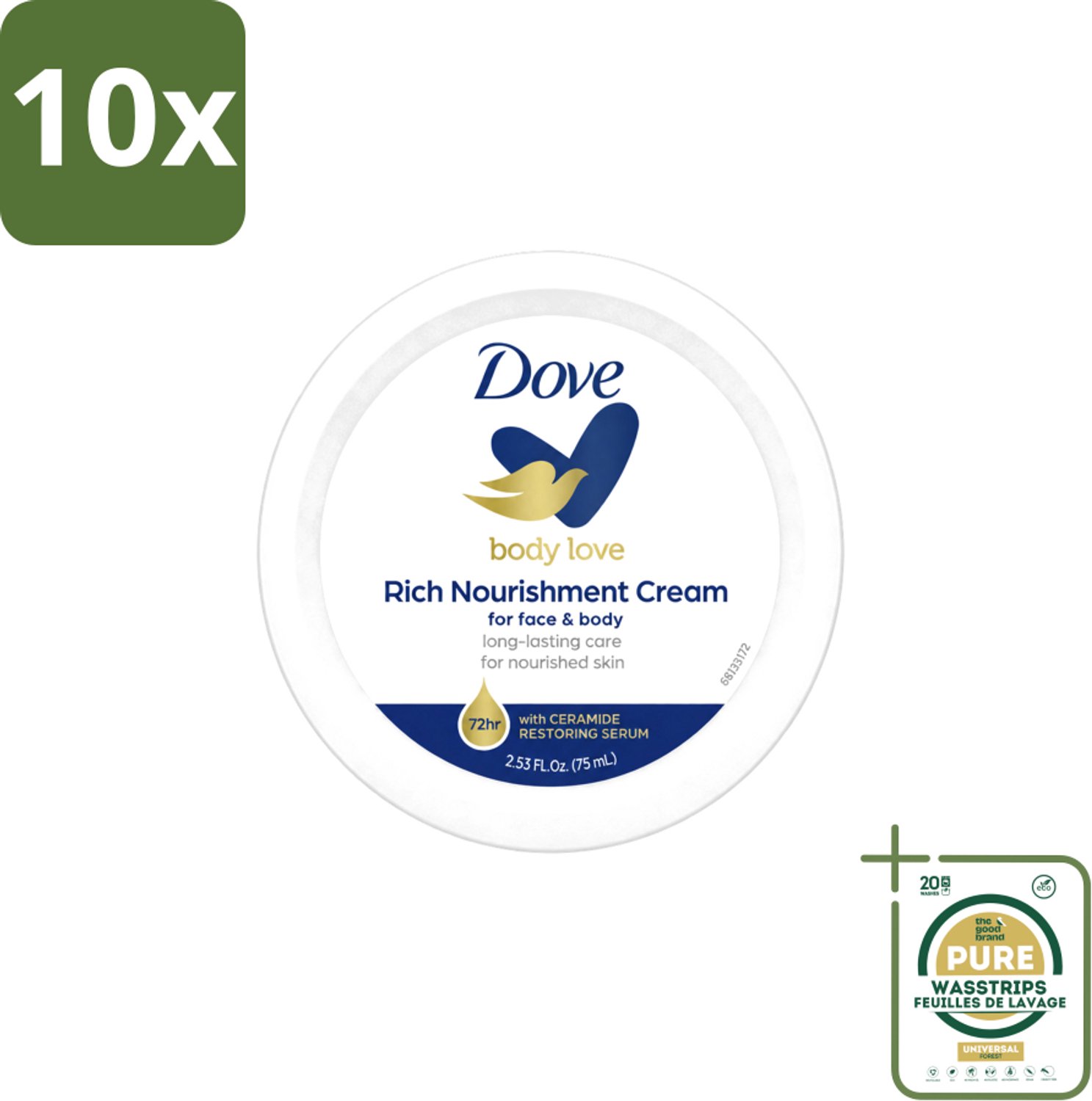 10 x Dove – Bodycrème – Rich Nourishment – 75 ml - Wasstrips - Bodycrème - Hydratatie - Droge Huid - Voedende Crème - DeepCare Complex
