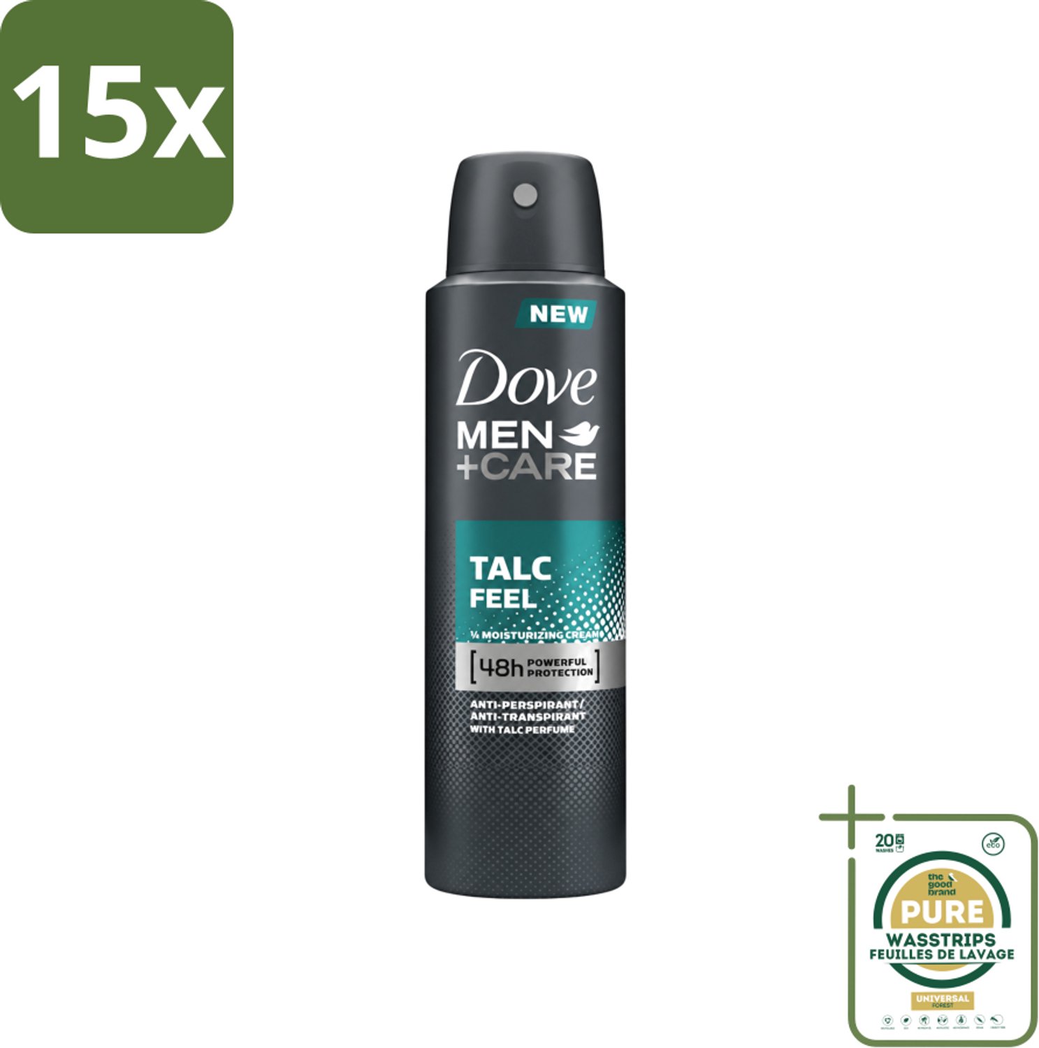 15 x Dove - Deodorant - Men Care Talc Feel - Zachte en verzorgende bescherming - 150 ml - Wasstrips - Deodorant Spray - Zweetbescherming - Frisheid - Huidbescherming - Men Care