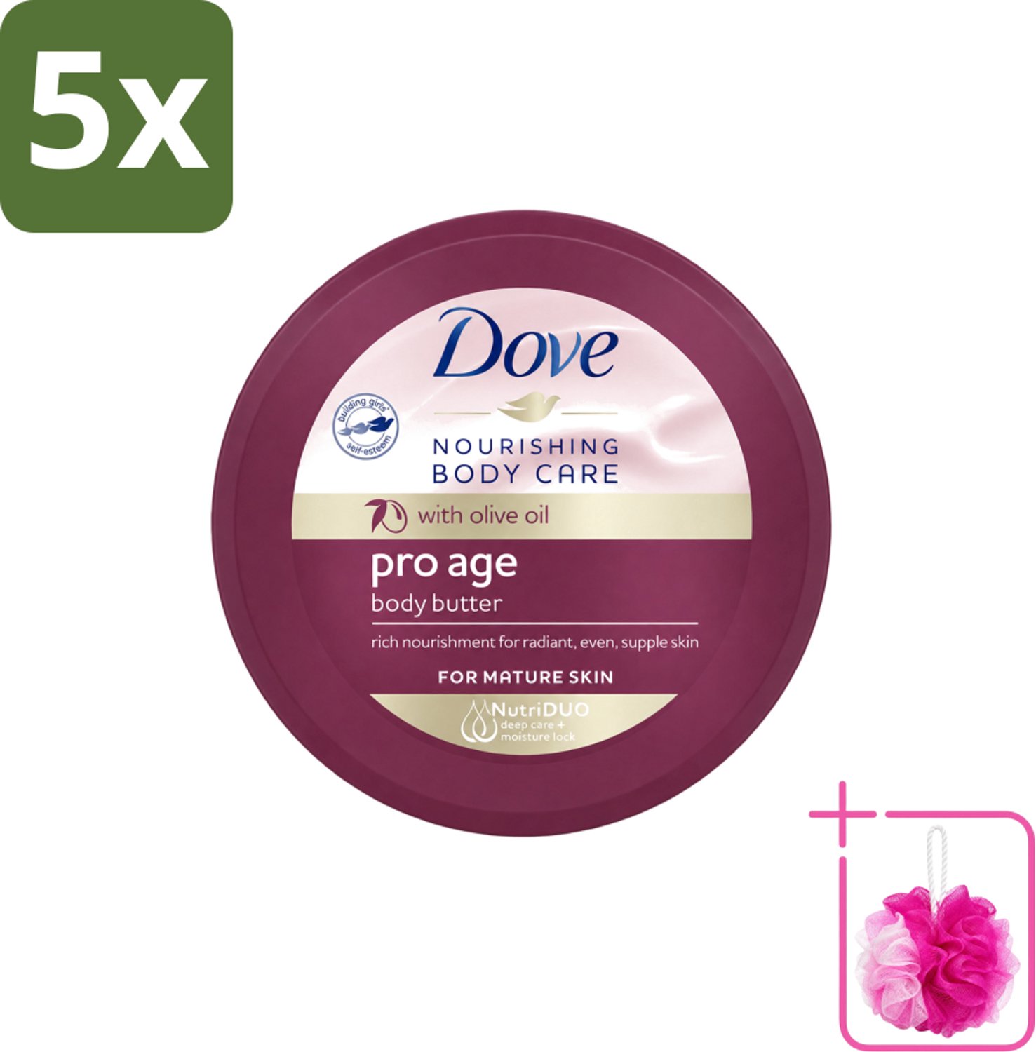 5 x Dove – Bodycrème – Pro Age – 250 ml - Bulkverpakking - Huidverzorging - Douchemop - Anti-ouderdom