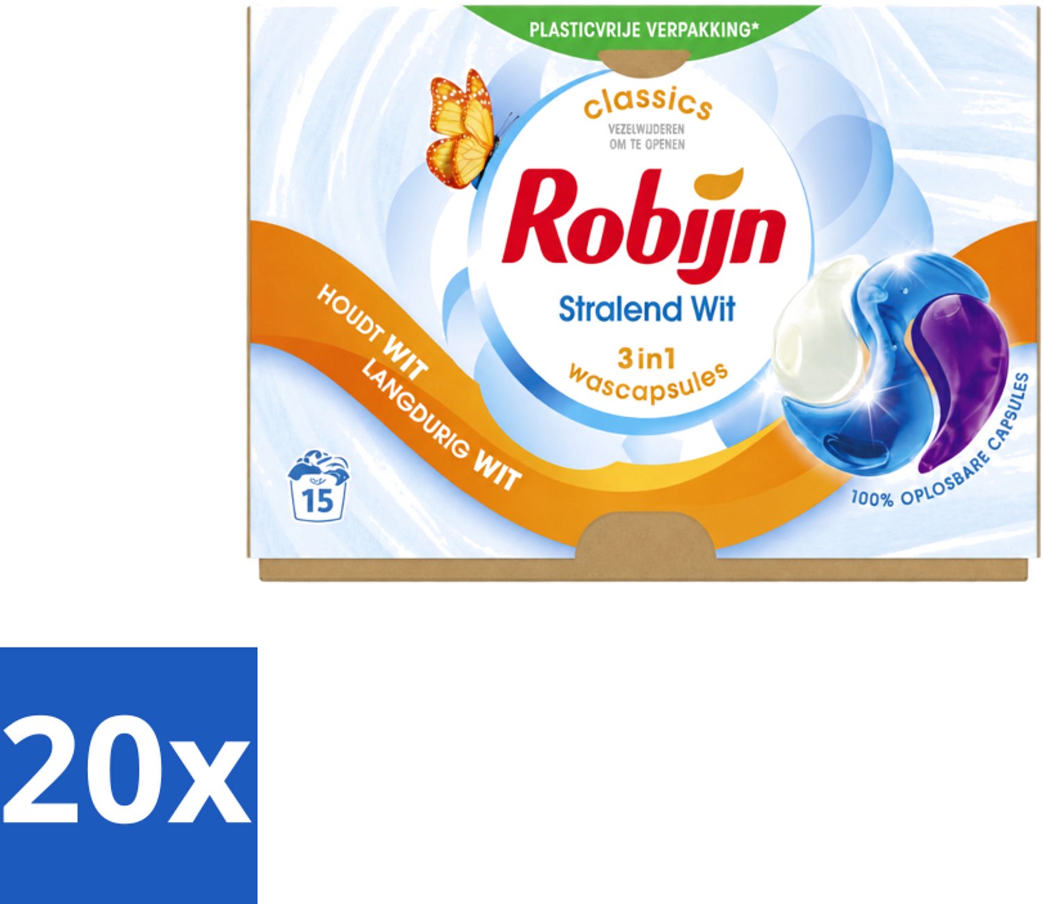 20 x Robijn – 3-in-1 Wascapsules – Stralend Wit – 15 capsules - Voordeelverpakking - 20 stuks