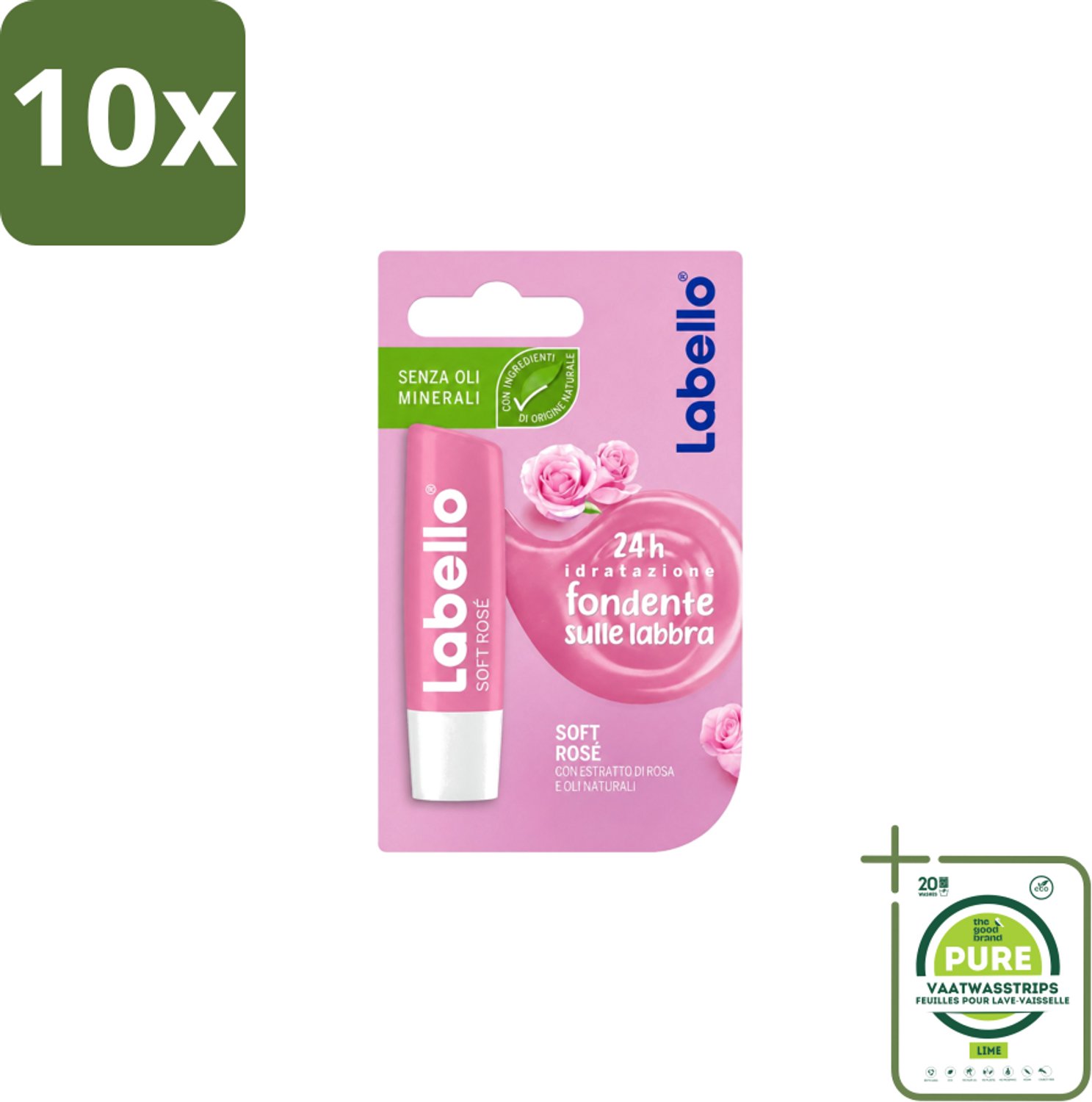 10 x Labello – Lippenbalsem – Soft Rosé - Grootverpakking - Vaatwasstrips - Lippenbalsem - Hydratatie - Rosé Lippen - Natuurlijke Glans - Verzorgde Lippen