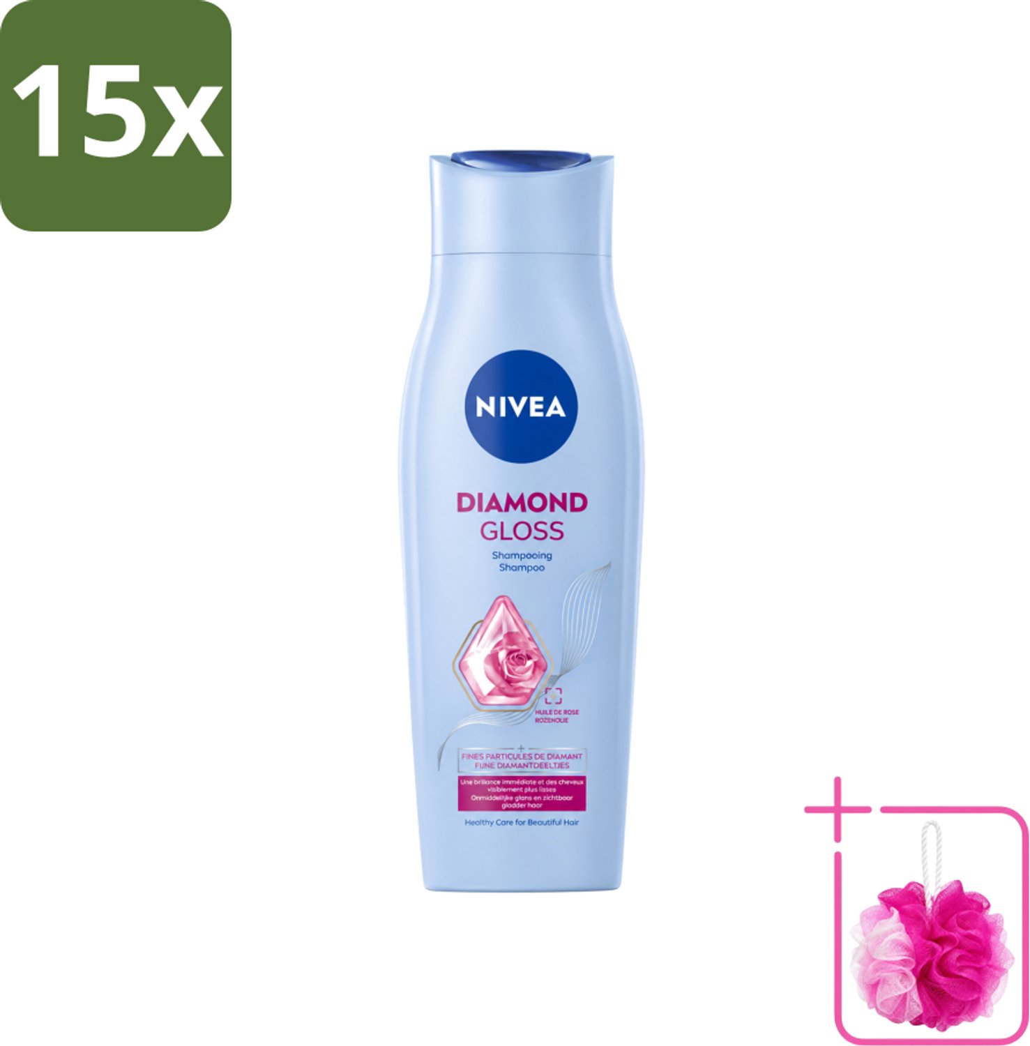 15 x Nivea - Shampoo - Diamond Gloss - 250 ml - Bulkverpakking - Diamanten glans - Douchemop - Haar verzorging