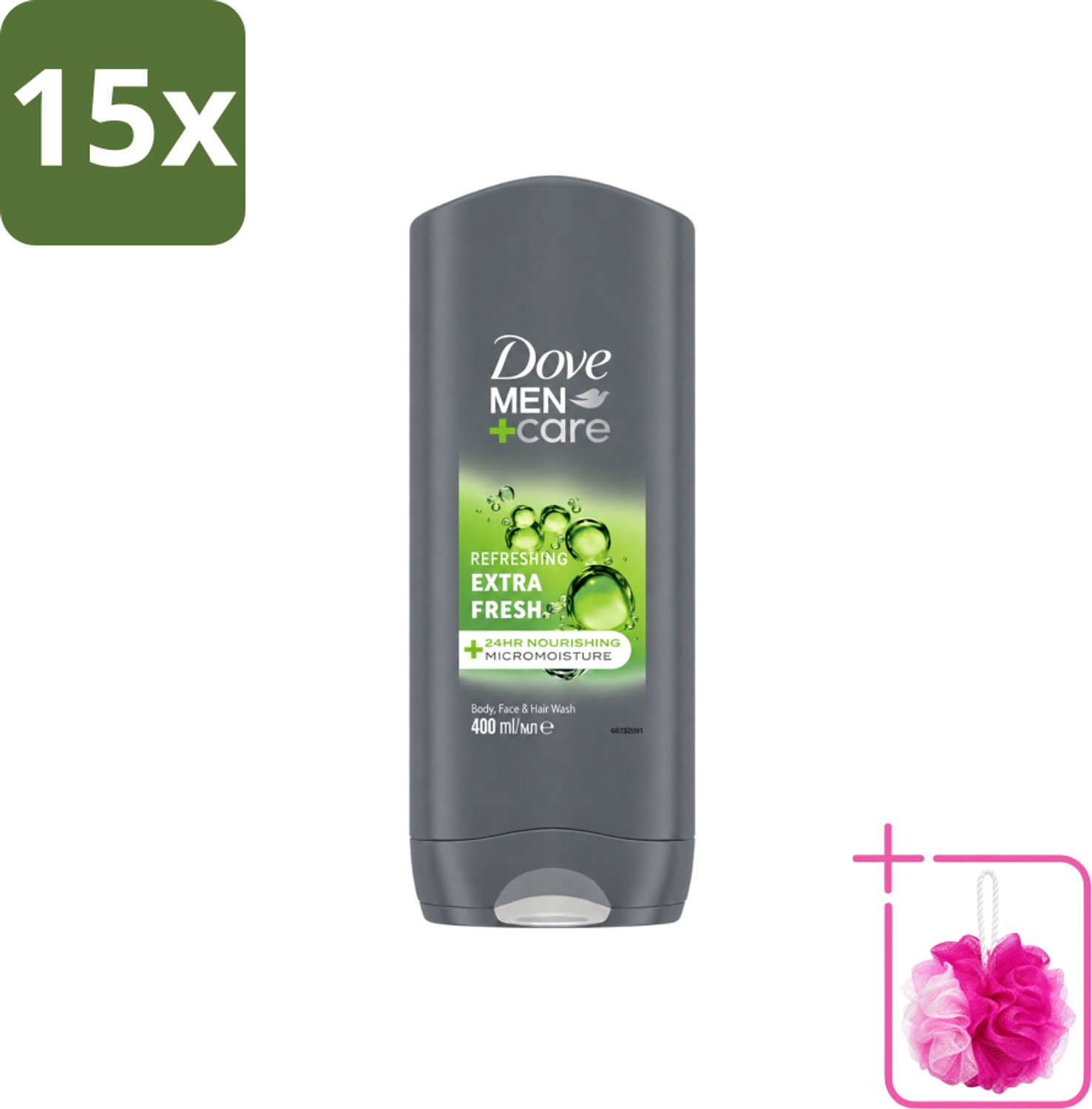 15 x Dove - Douchegel - Men+ Care Extra Fresh - Verfrissend - 400 ml - Bulkverpakking - Douchegel - Douchemop - Mannelijke geur