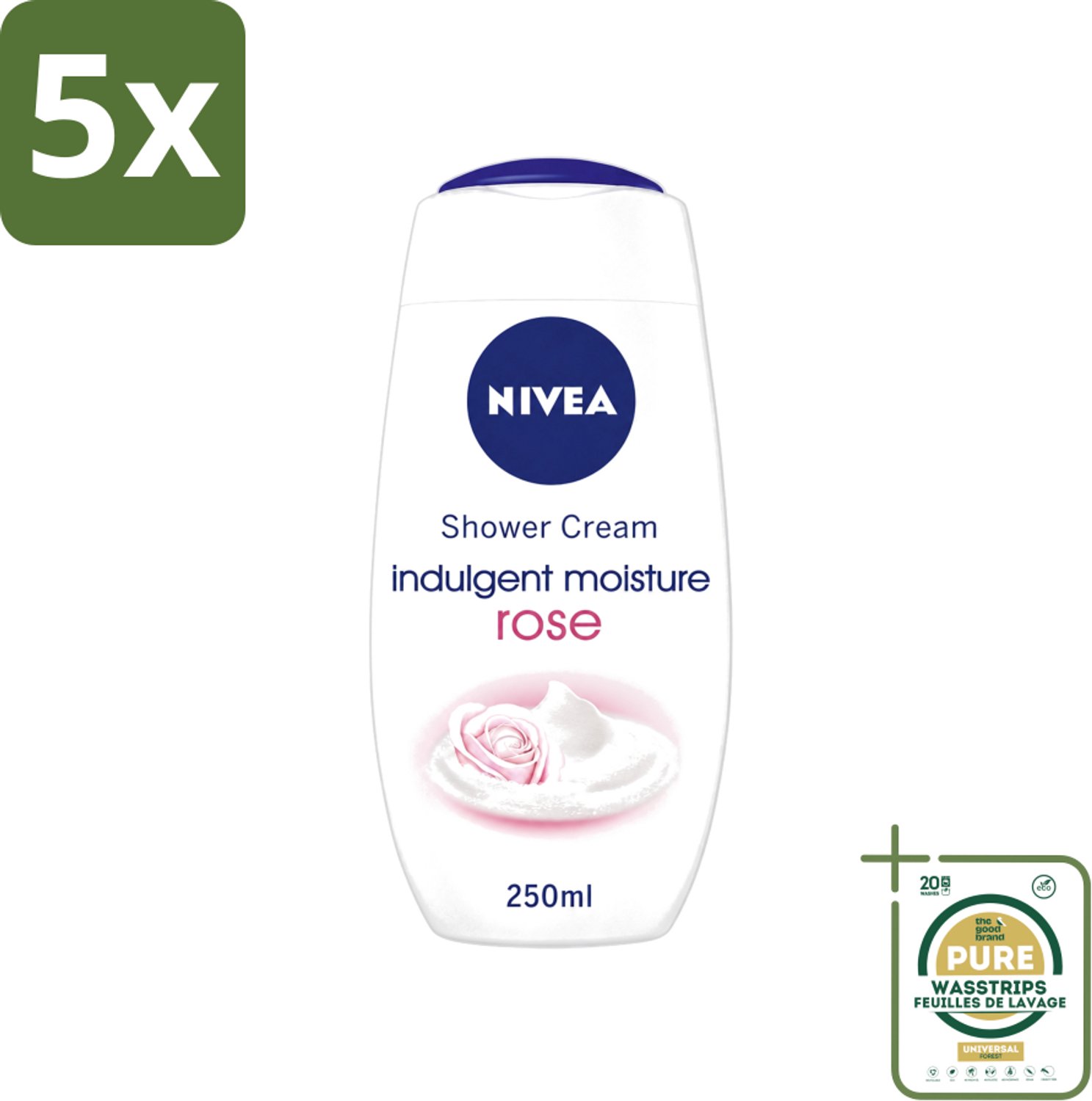5 x Nivea - Shower Indulgent Moisture Rose Douchecrème - 250 ml - Wasstrips - Douchecrème - Amandelmelk - Rozengeur - Hydraterende Douchecrème - Zachte Huid