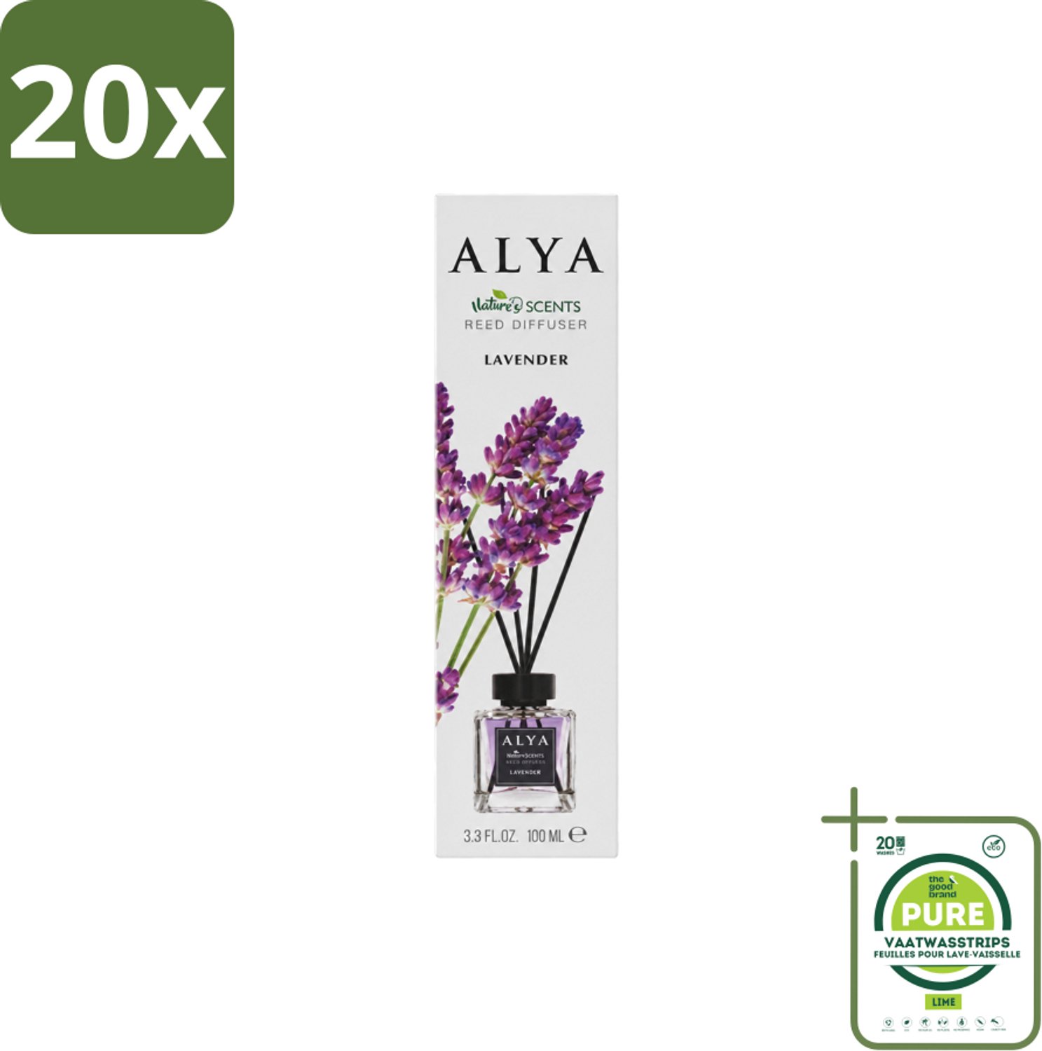 20 x Alya – Reed Diffuser – Lavender – Interieurparfum - Grootverpakking - Vaatwasstrips - Lavendel Geurstokjes - Rustgevende Geur - Ontspanning Thuis - Frisse Geur - Natuurlijke Geur