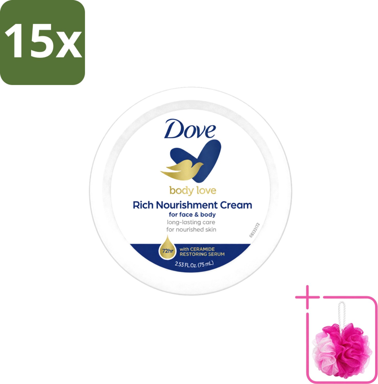 15 x Dove – Bodycrème – Rich Nourishment – 75 ml - Bulkverpakking - Bodycrème - Douchemop - Hydratatie