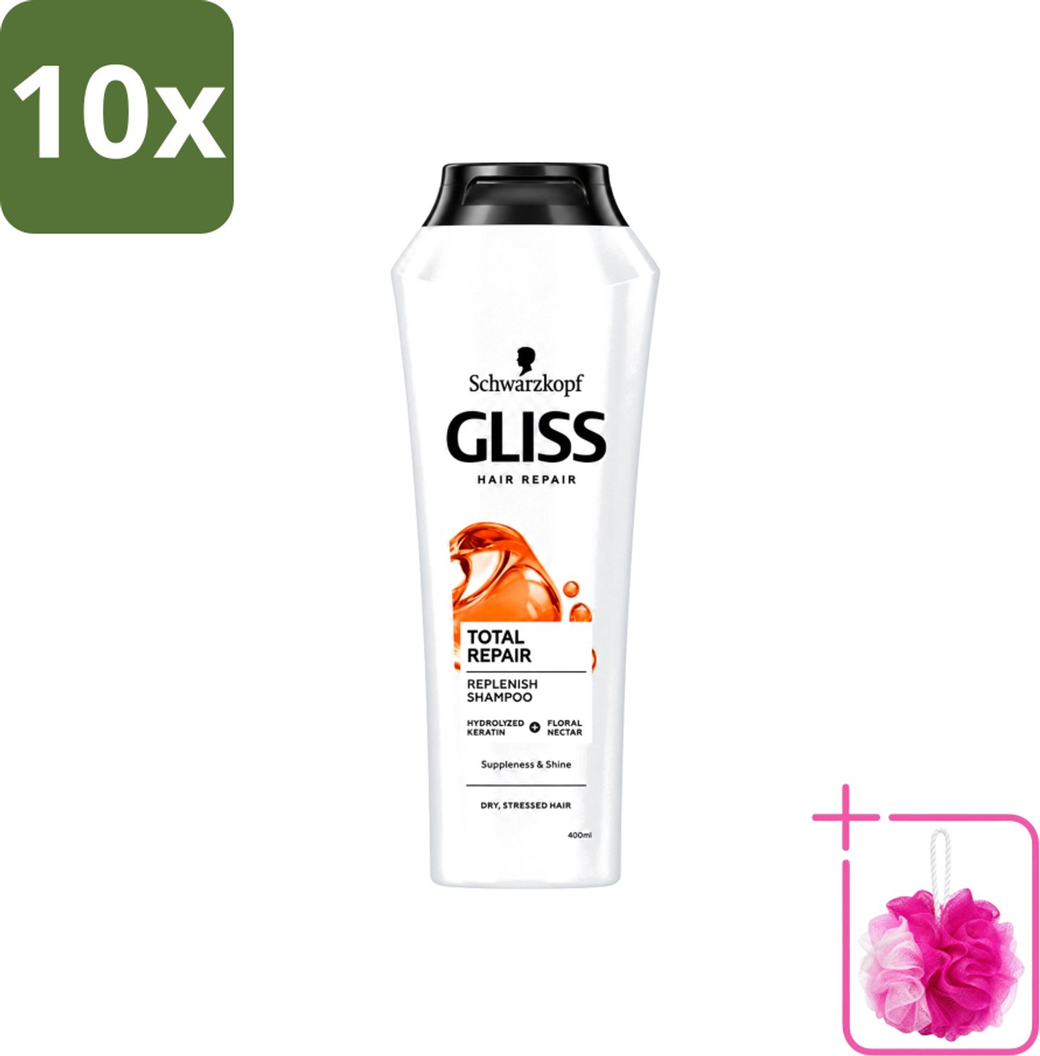 10 x Gliss-Kur - Shampoo - Total Repair - Herstelt & Versterkt - Gehydroliseerd - 400 ml - Bulkverpakking - Haar herstellen - Douchemop - Haar versterken