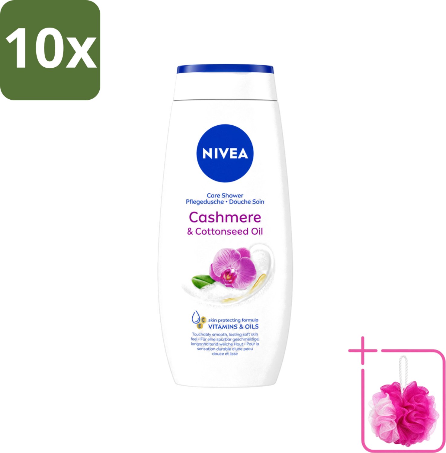 10 x Nivea - Douche Cashmere Moments - Beschermend - 250 ml - Bulkverpakking - Douchegel cashmere - Douchemop - Beschermende douchegel