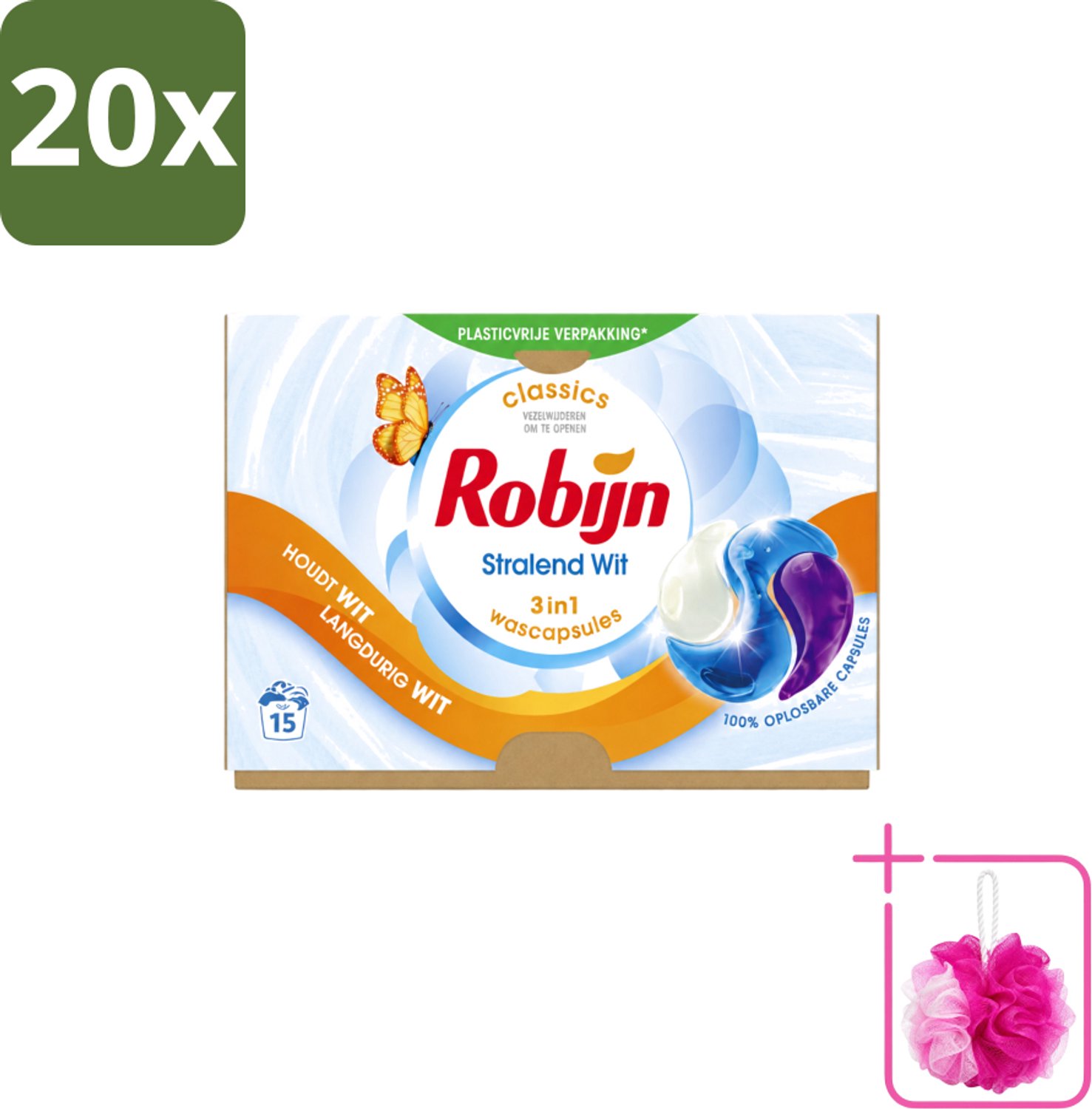 20 x Robijn – 3-in-1 Wascapsules – Stralend Wit – 15 capsules - Bulkverpakking - Wit was - Douchemop - Stralend Wit