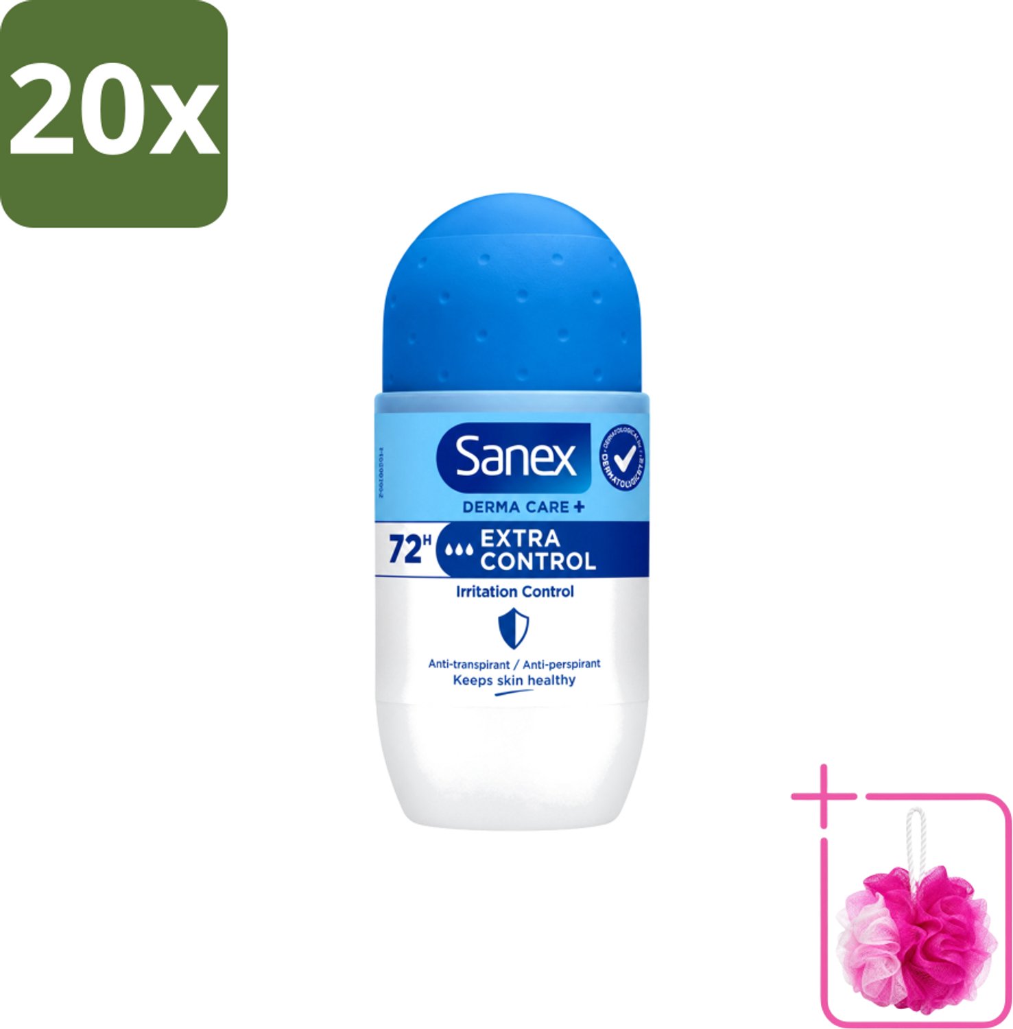 20 x Sanex – Deo Roll-on – Dermo Extra Control – 53 ml - Bulkverpakking - Anti-transpirant - Douchemop - Zweetvermindering