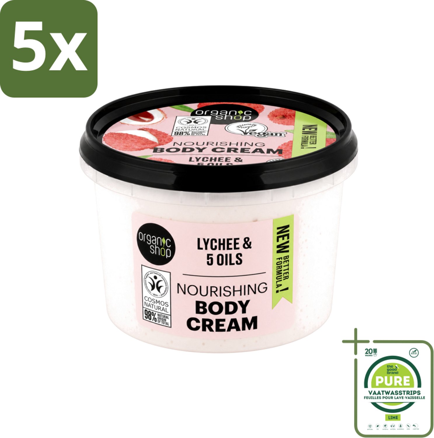 5 x Organic Shop - Nourishing Body Cream Lychee - Hydraterend en Voedend - 250 ml - Grootverpakking - Vaatwasstrips - Hydratatie - Voeding - Natuurlijke Crème - Lychee Crème - Huid Verzorging