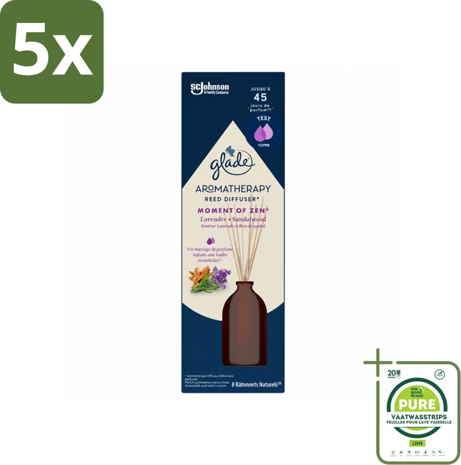 5 x Glade - Geurstokjes Moment van Zen - Aromatherapie Geurverspreiding - 80 ml - Grootverpakking - Vaatwasstrips - Geurstokjes - Aromatherapie - Rust - Ontspanning - Lavendel