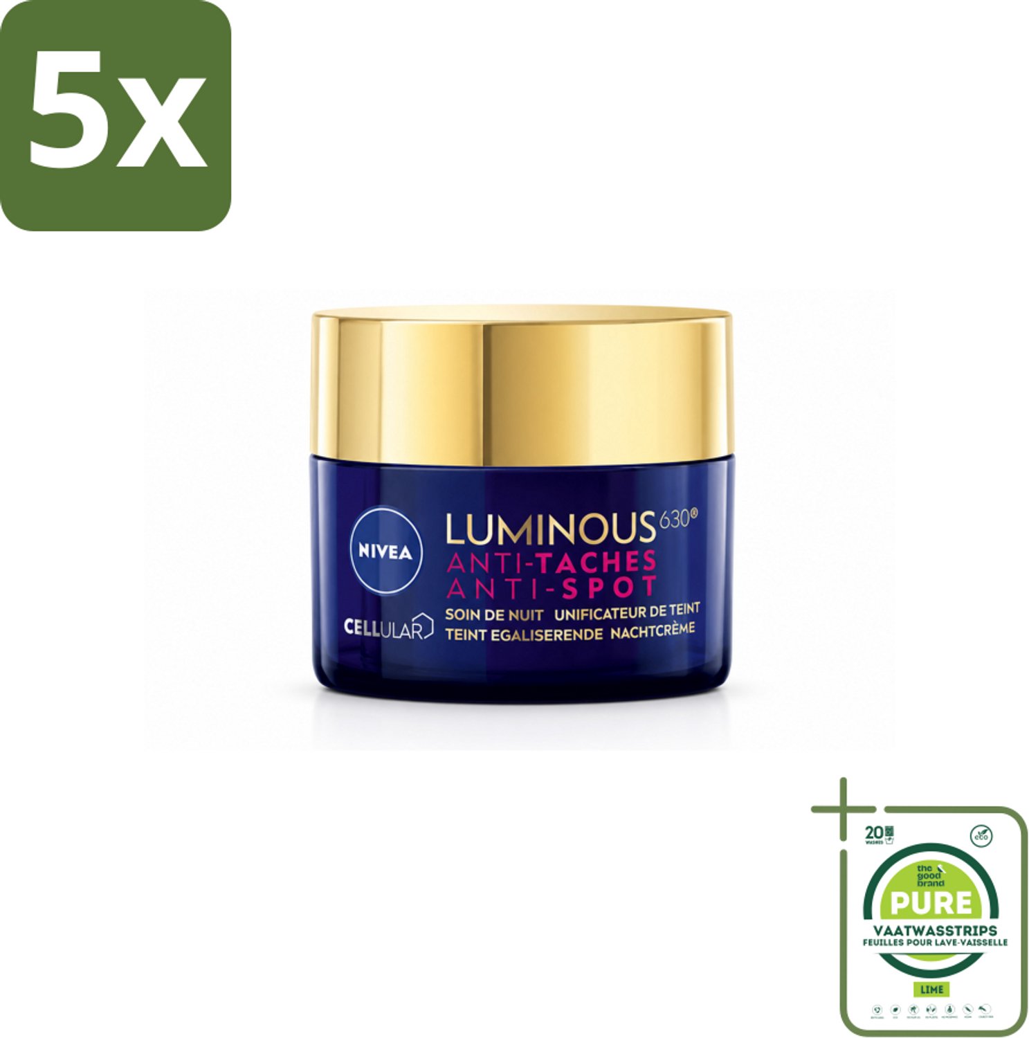 5 x NIVEA - Nachtcrème - CELLular LUMINOUS630 Tegen Vlekken - Egaliserend - Tegen pigmentvlekken - Met Hyaluronzuur - 50 ml - Grootverpakking - Vaatwasstrips - Anti-spot Crème - Pigmentvlekken - Huidverzorging - Nachtcrème - Huidverlichting