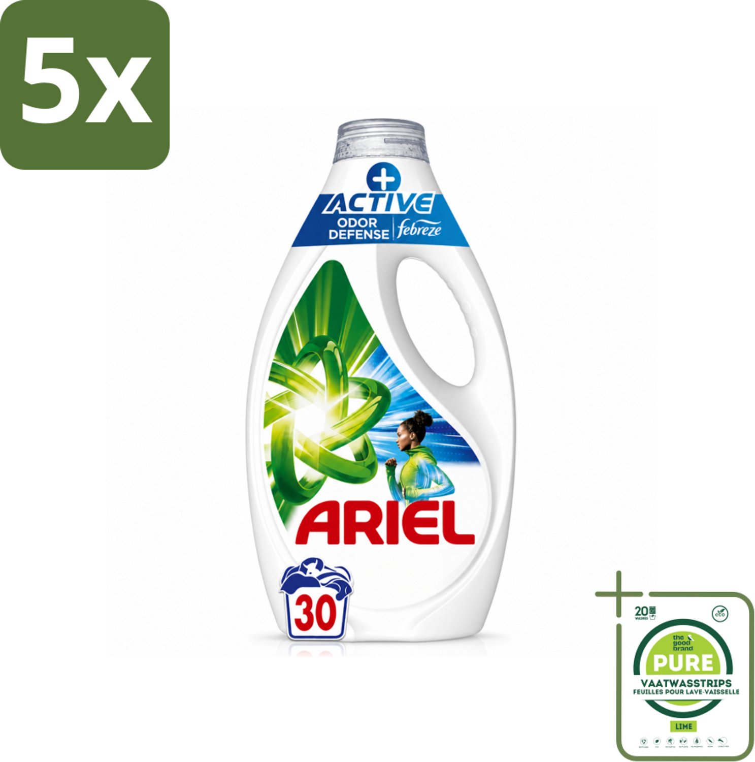 5 x Ariel - Vloeibaar Wasmiddel - +Actieve Odor Defense - 30 Wasbeurten - 1,35 liter - Grootverpakking - Vaatwasstrips - Wasmiddel - Geurverwijdering - Zweetgeuren - Vlekken - Wasbeurt