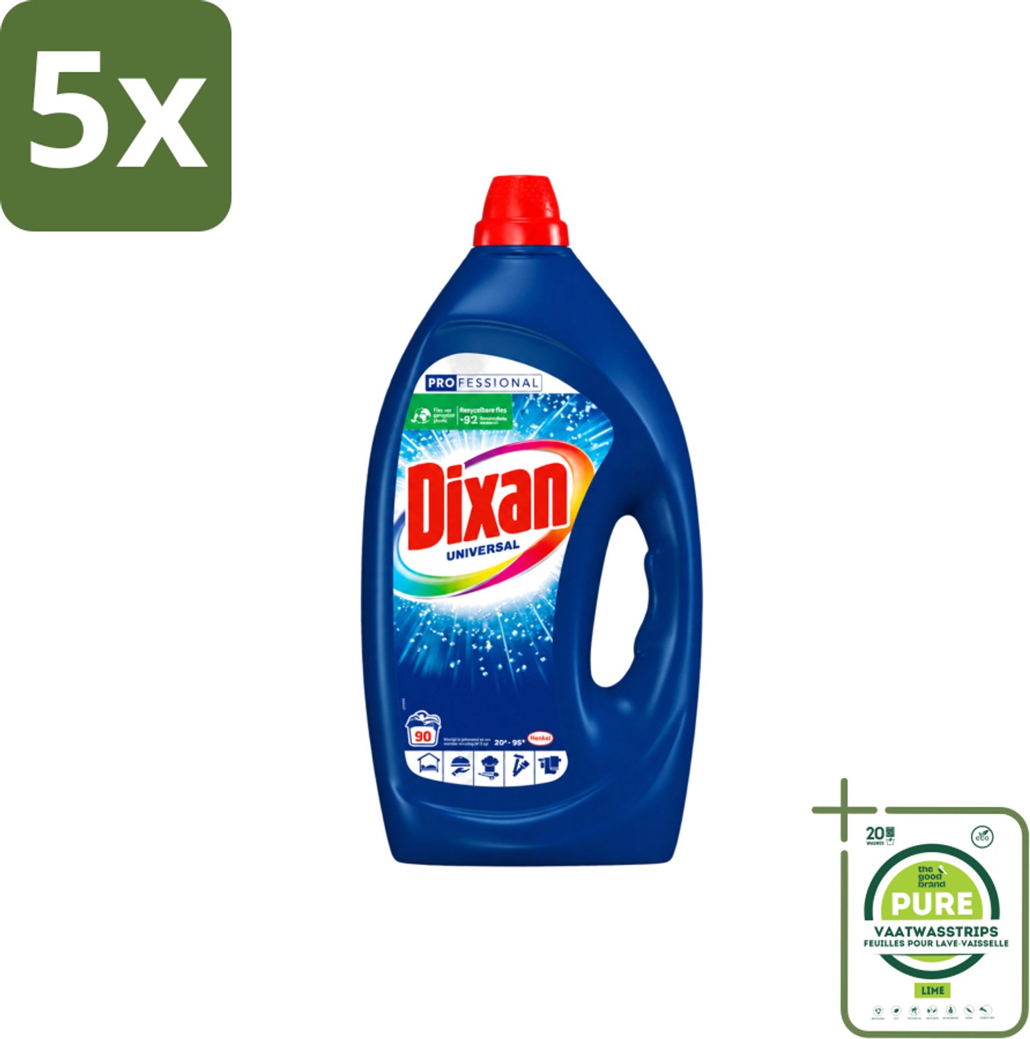 5 x Dixan - Vloeibaar wasmiddel - Alle Kleuren - 90 wasbeurten - Grootverpakking - Vaatwasstrips - Wasmiddel - Wasgel - Waskracht - Vlekverwijdering - Frisheid