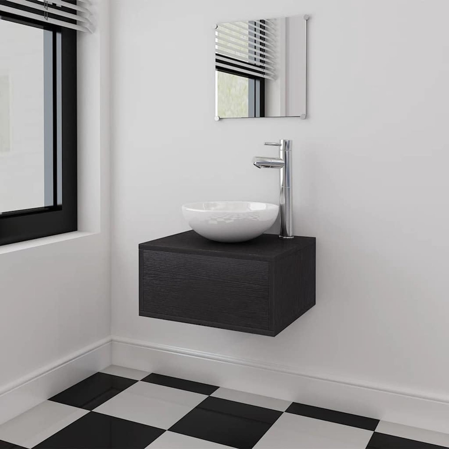 4-delige badkamermeubelset met wastafel en kraan zwart, wandmonteerbare onderkast, spiegel en mengkraan voor moderne badkamer, hoogwaardig keramiek en stabiel