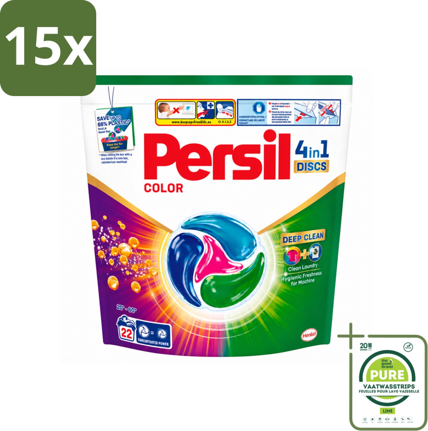 15 x Persil - Wasmiddel - Wasmiddelcapsules Discs Gekleurde Was - Voor Gekleurde Was - 22 wasbeurten - Grootverpakking - Vaatwasstrips - Wasmiddel - Wascapsules - Gekleurde Was - Kleurbehoud - Vlekverwijdering