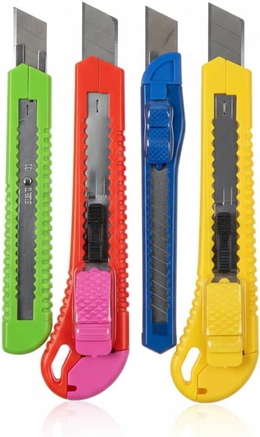 Set van 4 cuttermessen met intrekbaar lemmet met vergrendeling, verschillende kleuren, materiaal ABS