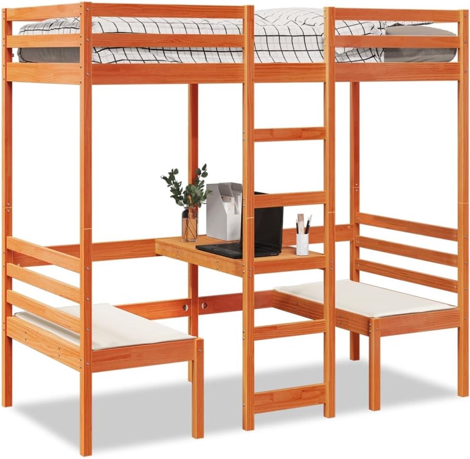 Hoogslaper met bureau en 2 stoelen in bruin, 90 x 190 cm, van grenenhout, inclusief lattenbodem en valbescherming voor optimaal gebruik van de ruimte en ergonomisch werken
