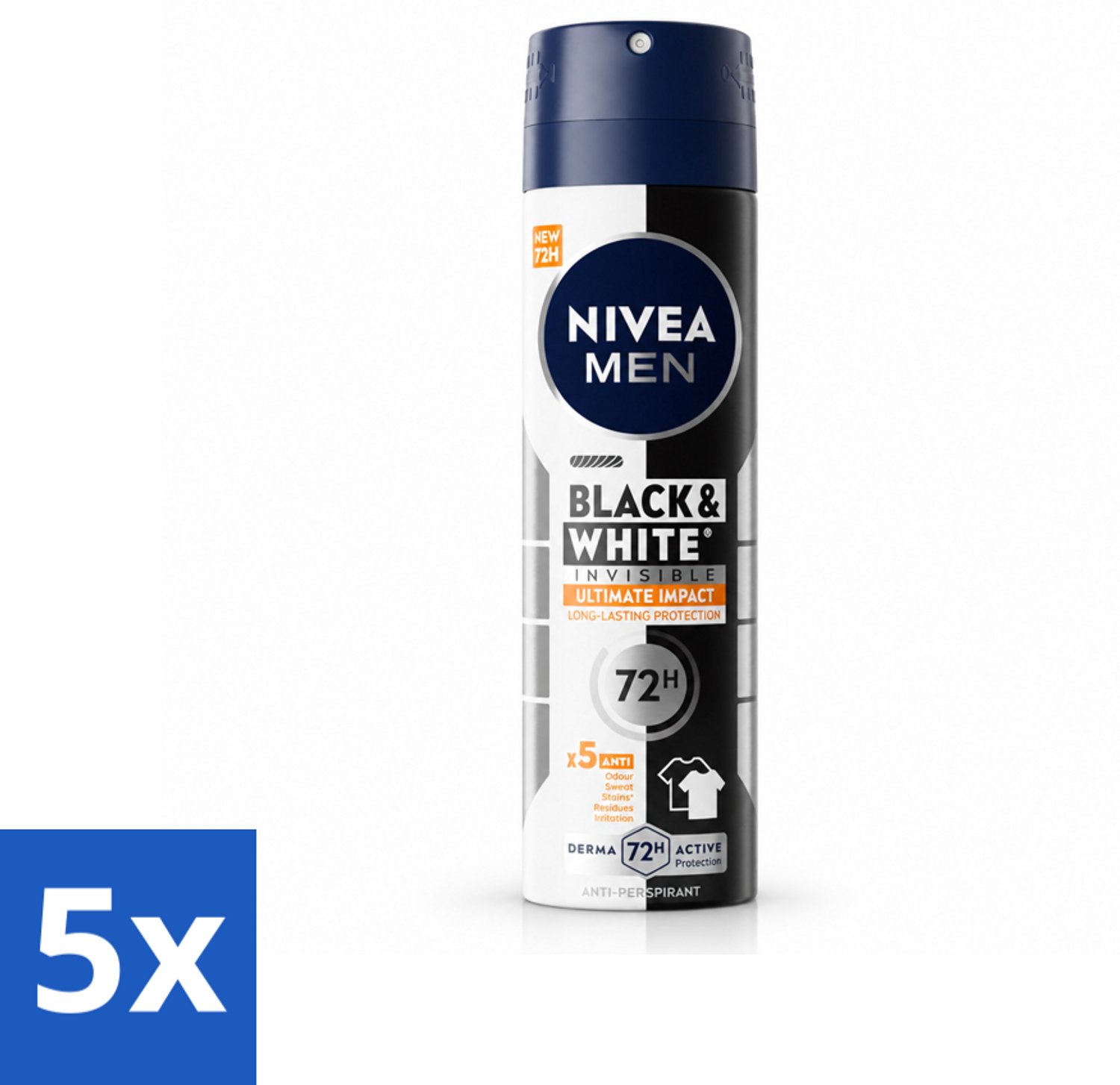 5 x NIVEA MEN - Deodorant Spray - Black & White Ultimate Impact - 150 ml - Voordeelverpakking - 5 stuks