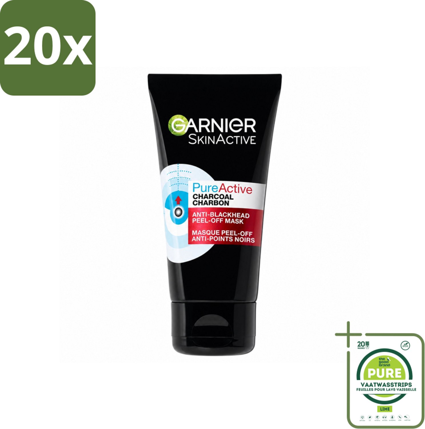 20 x Garnier - Pure Active - Peel-Off Masker - Charcoal - 50 ml - Grootverpakking - Vaatwasstrips - Huid Reinigen - Houtskool Masker - Salicylzuur Masker - Mee-eters Verwijderen - Poriën Verfijnen