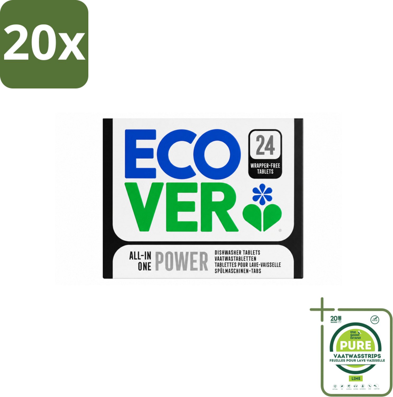20 x Ecover - Vaatwastabletten All-in-One Power - 24 Tabs - Grootverpakking - Vaatwasstrips - Vaatwastabletten - Schoonmaken - Milieuvriendelijk - Glansspoelmiddel - Zout