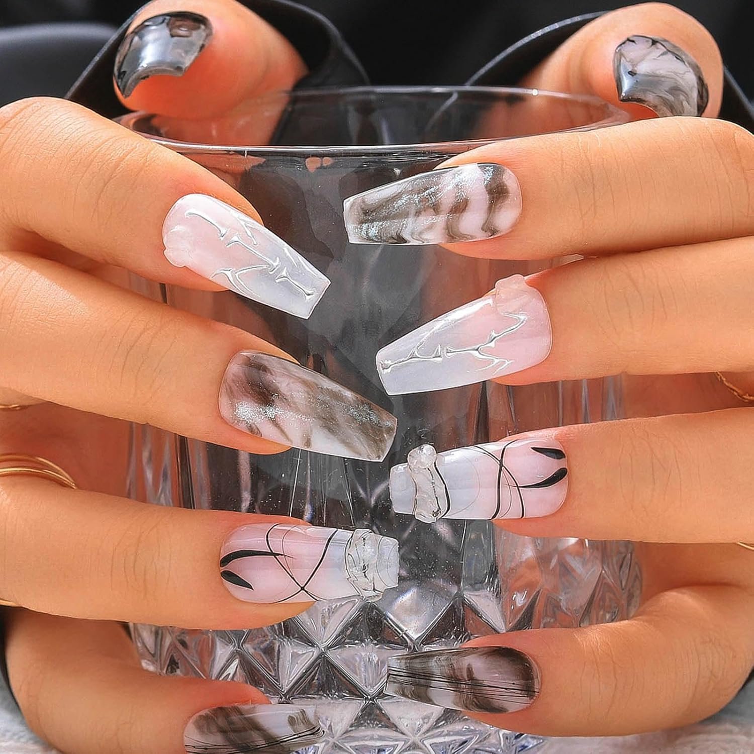 Medium handgemaakte nagels indrukken acryl glanzende kunstnagels inktschilderkunst nagels opplakken salon valse nagels voor vrouwen en meisjes 10 stuks (5)