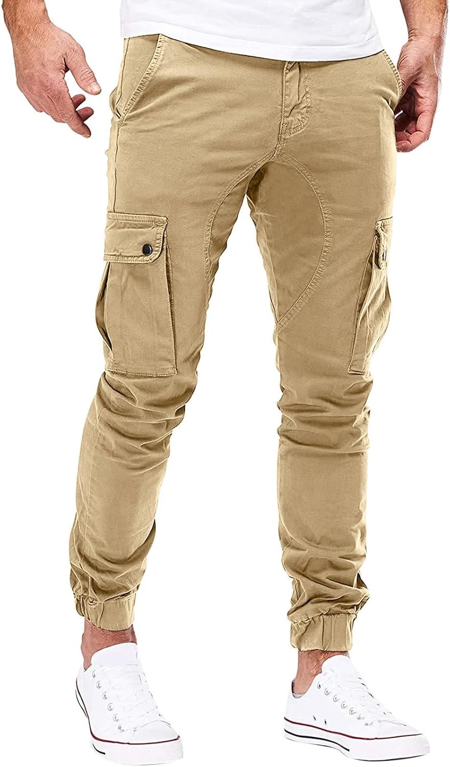 Sportbroek herenmode vrije tijd sport effen kleur zak stropdas overalls broek broek broek modern heren, Kaki, M