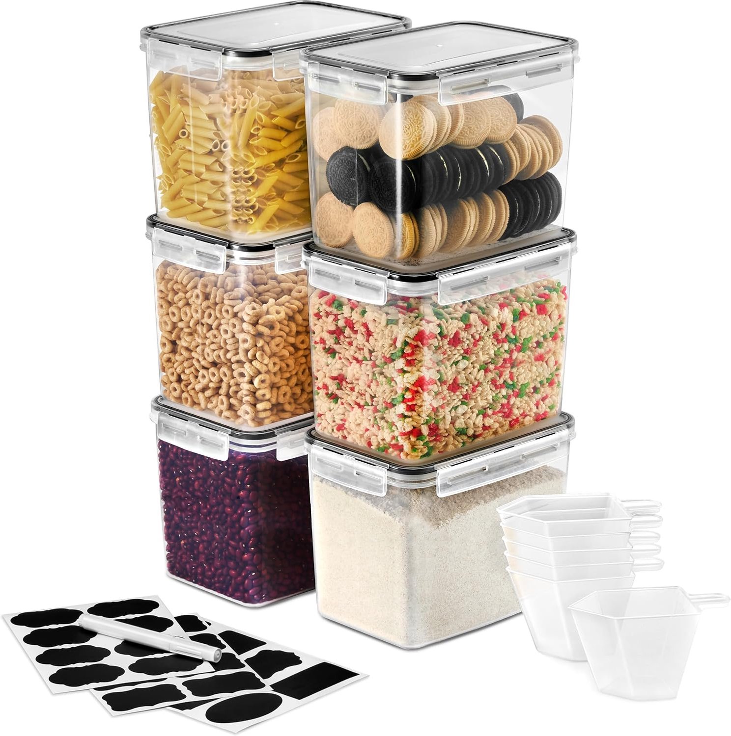 - Pack van 6 - Luchtdichte, viervoudige klikdeksels houden voedsel vers - Bewaar granen, pasta, meel, noten, snoep - duurzame plastic keukenvoorraadbakken