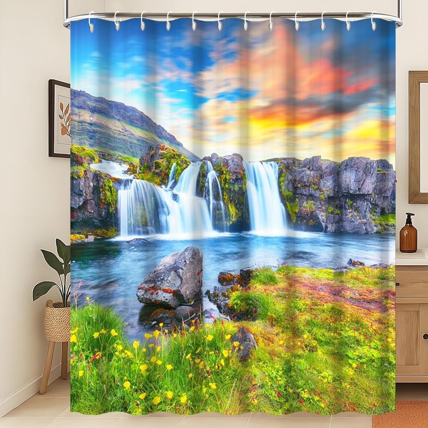 Douchegordijn groen meer zomer waterval badkamer gordijn natuur landschap berg zonsondergang waterval gras bloemen douchegordijn machine wasbaar waterdichte stof 180 x 200 cm