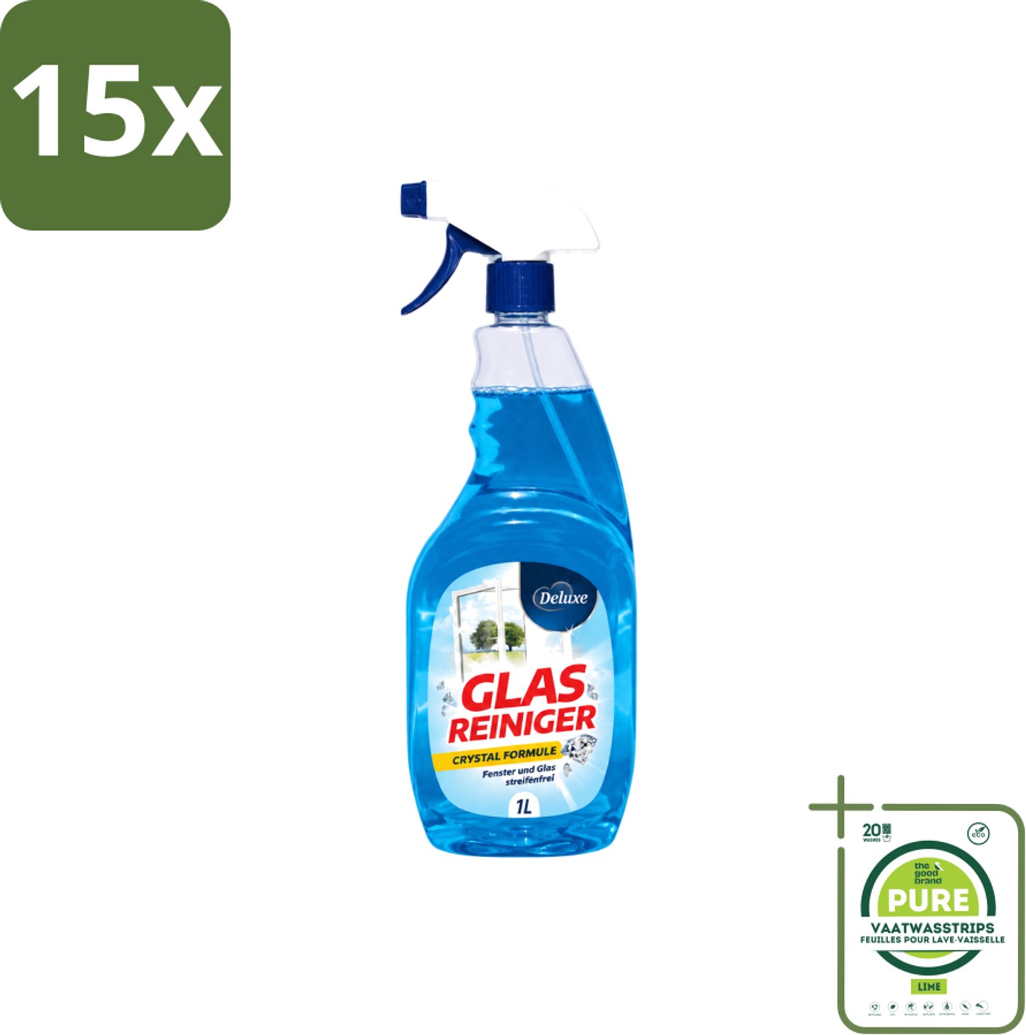 15 x Deluxe - Glasreiniger - Crystal Formule - Streeploze Glans - 1L - Grootverpakking - Vaatwasstrips - Streeploze Glans - Glas Reiniger - Glas Reinigen - Glas Helderheid - Glas Reiniger Crystal Formule