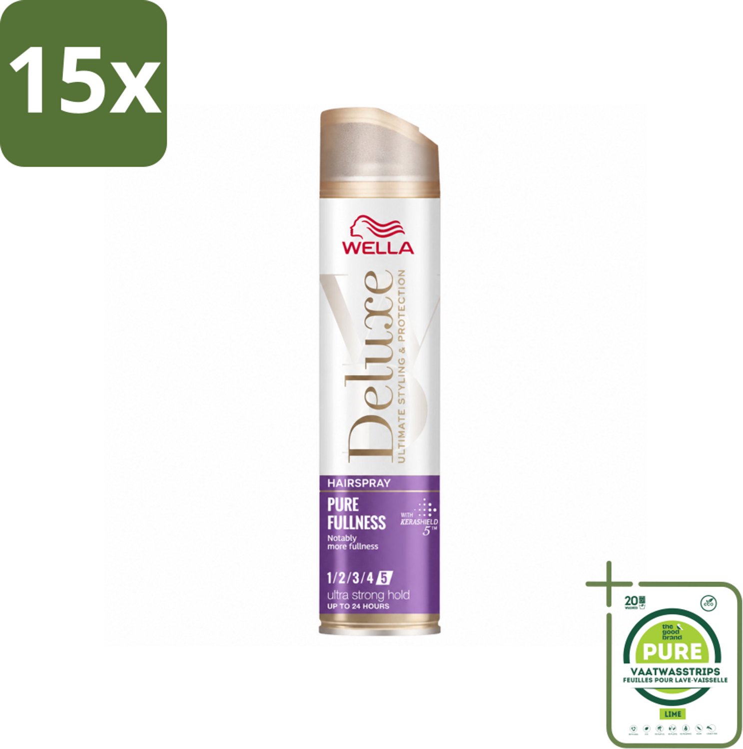 15 x Wella – Deluxe Pure Fullness – Haarspray – 250 ml - Grootverpakking - Vaatwasstrips - Haarspray - Volume - Glans - Hittebescherming - UV Bescherming