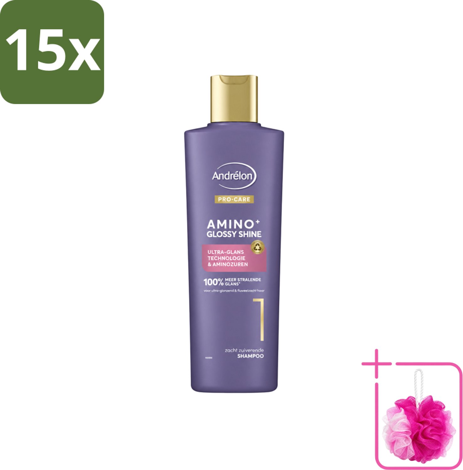 15 x Andrélon – Shampoo – Pro Care Amino+ Glossy Shine – 250 ml - Bulkverpakking - Glans haar - Douchemop - Zachtheid haar