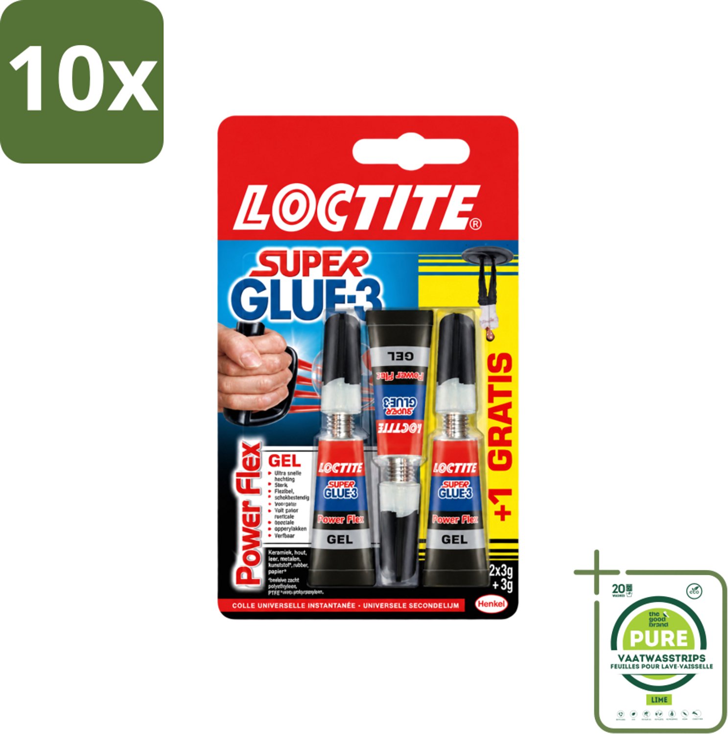10 x Loctite - Secondelijm - Power Flex - 3 Lijmtubes - Grootverpakking - Vaatwasstrips - Secondelijm - Power Flex - Lijm - Hechting - Rubber