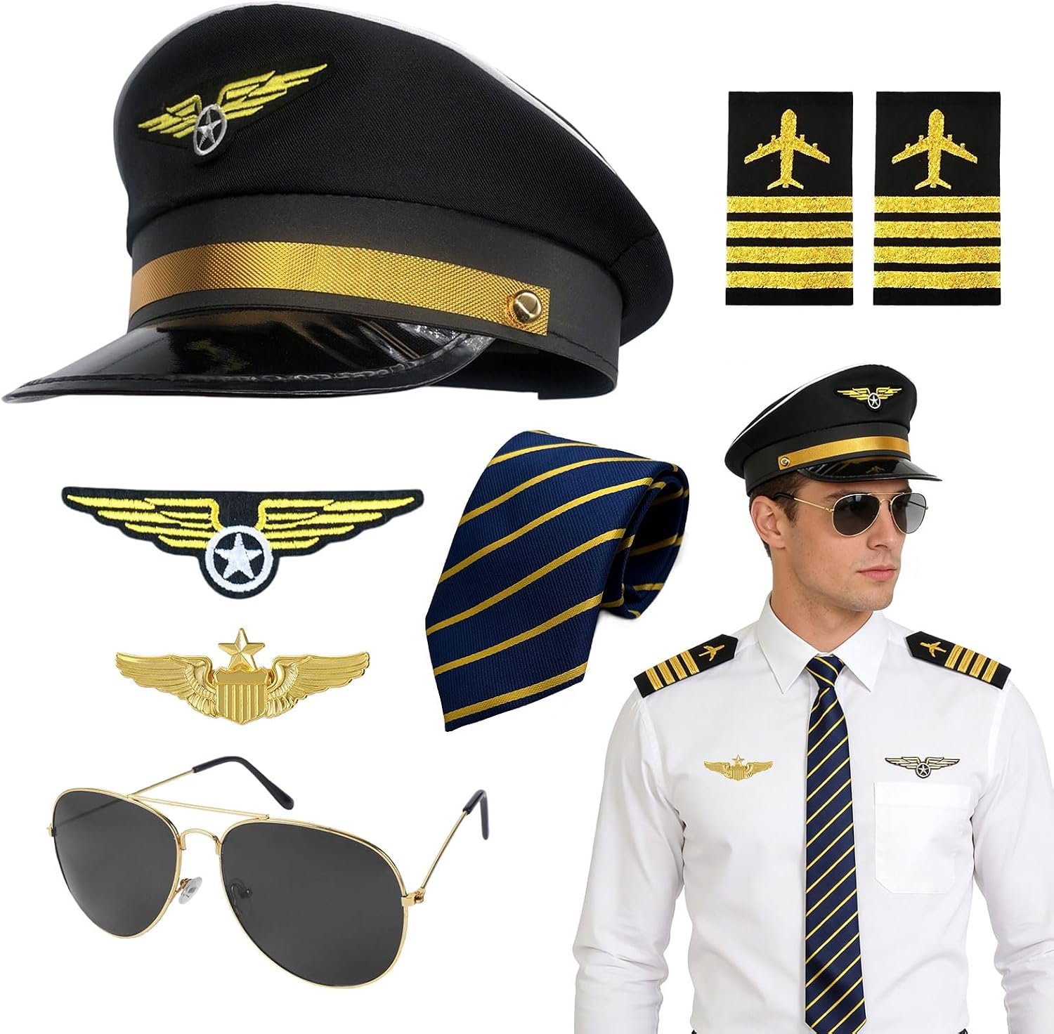 7 stuks pilotenkapitein hoed kostuum accessoires set, Halloween militair vliegtuig kapitein kostuum fancy dress kit, vliegeniershoed, armband badge stropdas bril, voor cosplay verkleedfeest