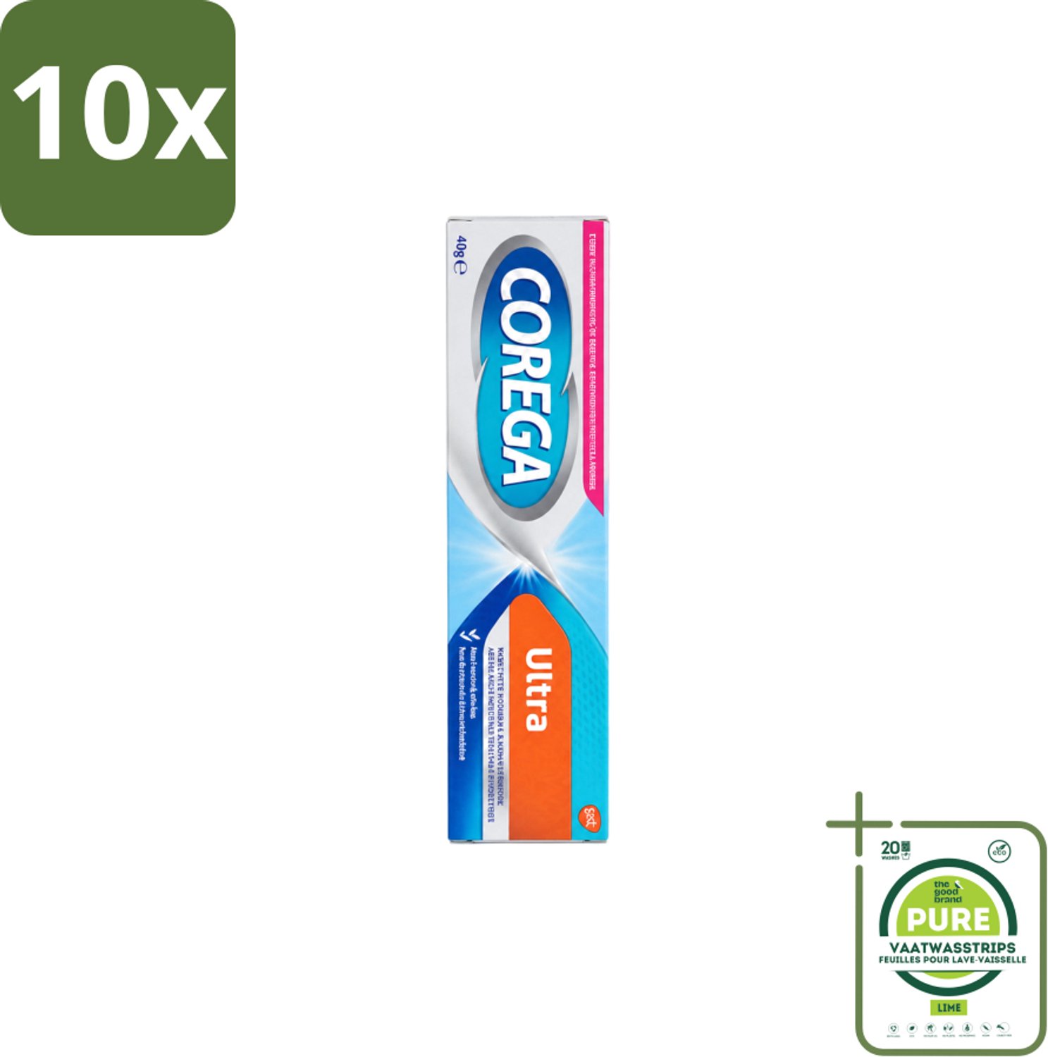 10 x Corega Ultra Kleefcrème - Krachtig Houvast & Bescherming - Met Verfrissende Mintsmaak - 40g - Grootverpakking - Vaatwasstrips - Gebitprothese Kleefcrème - Houvast Gebitsprothese - Prothese Fixatie - Prothese Crème - Mintsmaak Prothese