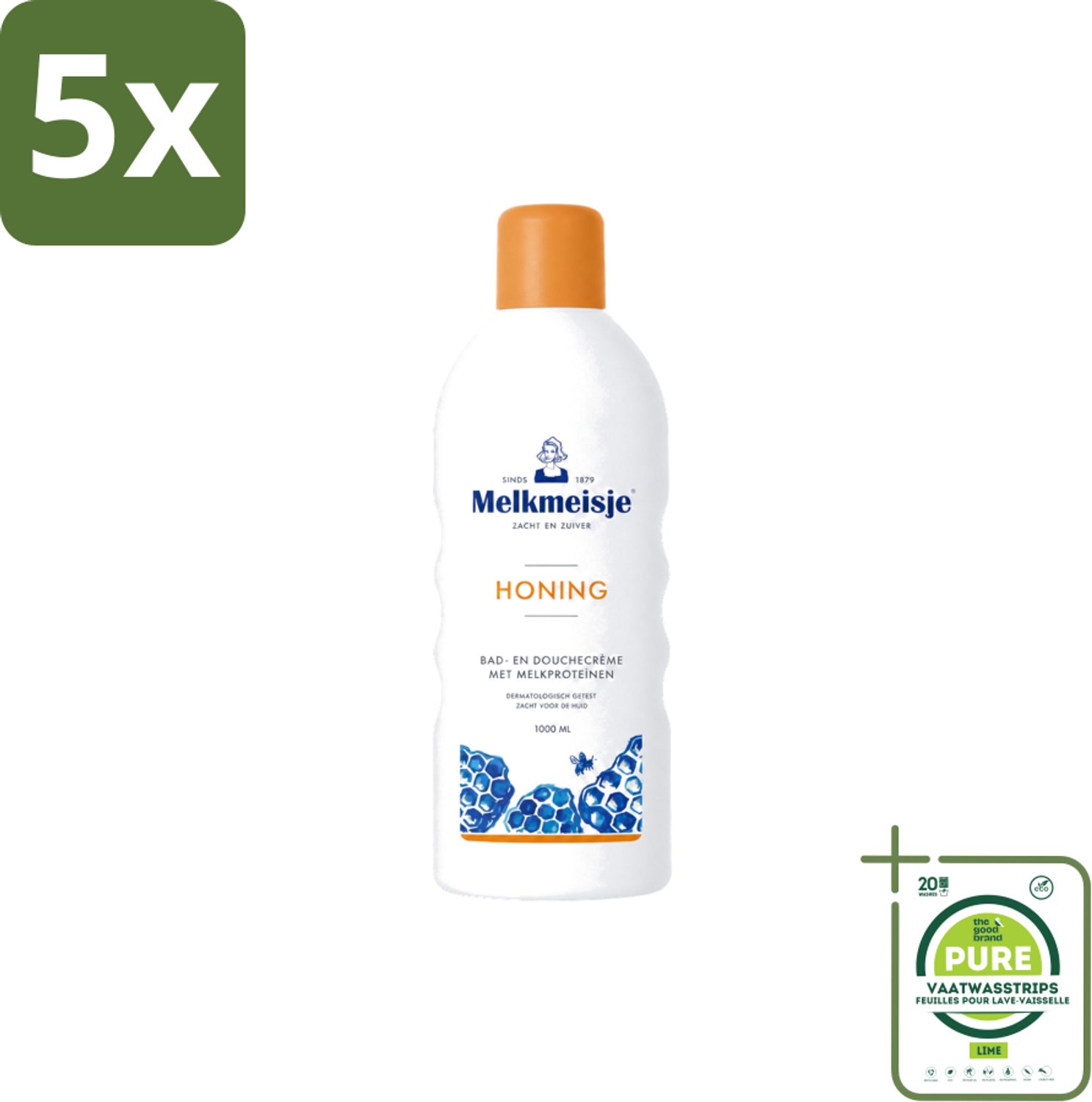5 x Melkmeisje – Bad & Douche – Honing – 1000 ml - Grootverpakking - Vaatwasstrips - Bad En Douche Crème - Honing Crème - Natuurlijke Honing - Voedende Crème - Gezonde Huid