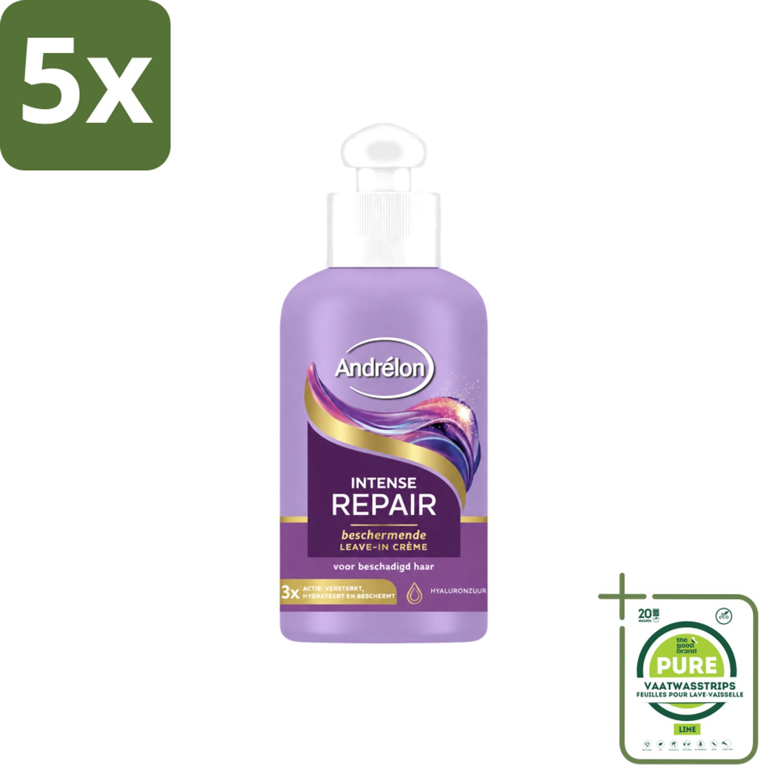 5 x Andrélon – Leave-In Crème – Intense Repair – 200 ml - Grootverpakking - Vaatwasstrips - Haarverzorging - Droog Haar - Beschadigd Haar - Hyaluronzuur - Leave-in Crème