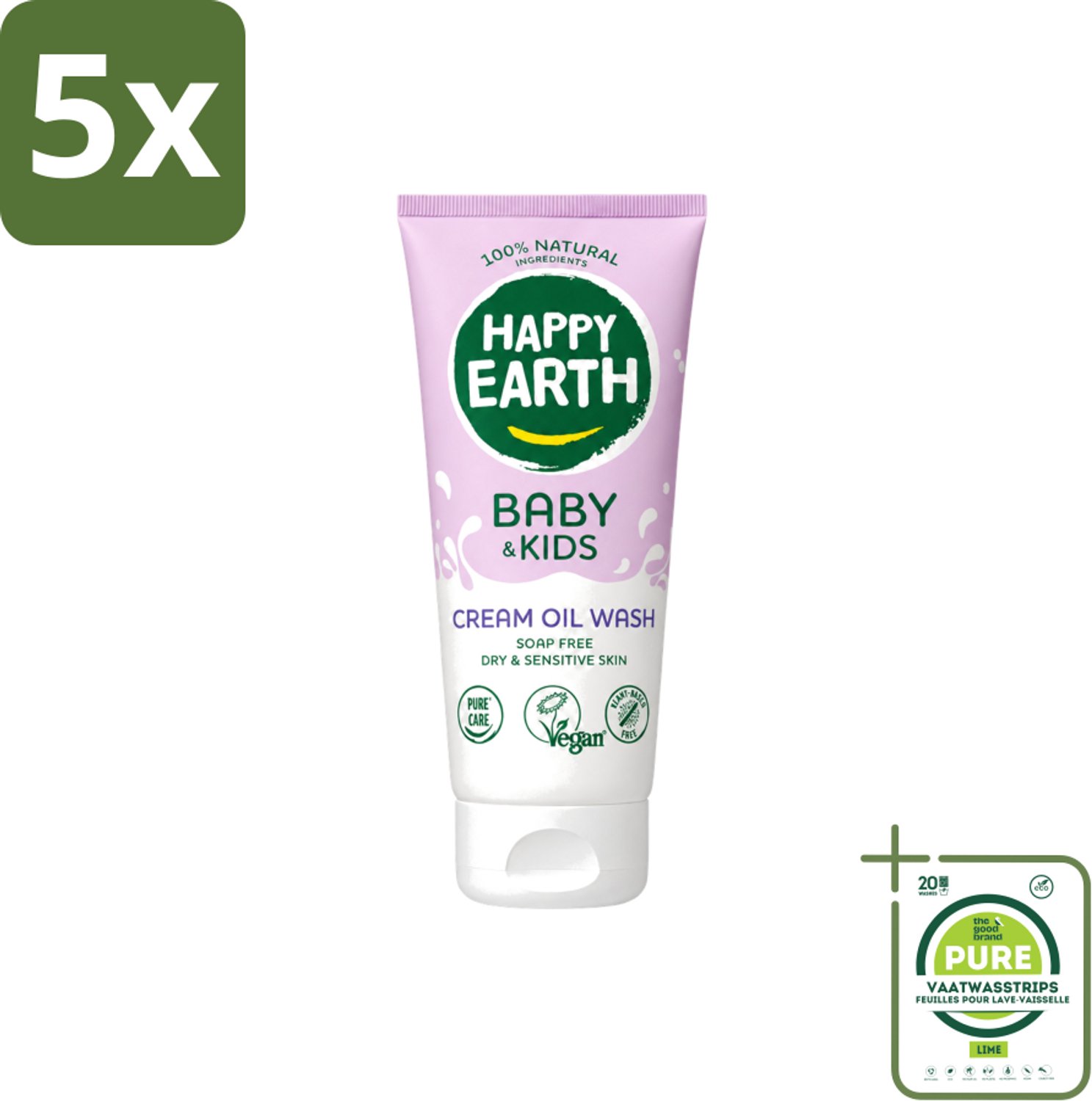 5 x Happy Earth – Cream Oil Wash – 100% Natuurlijk Baby & Kids – 200 ml - Grootverpakking - Vaatwasstrips - Babyolie - Gezichtsolie - Lichaamsoil - Natuurlijke Babyolie - Gezicht En Lichaam Verzorging
