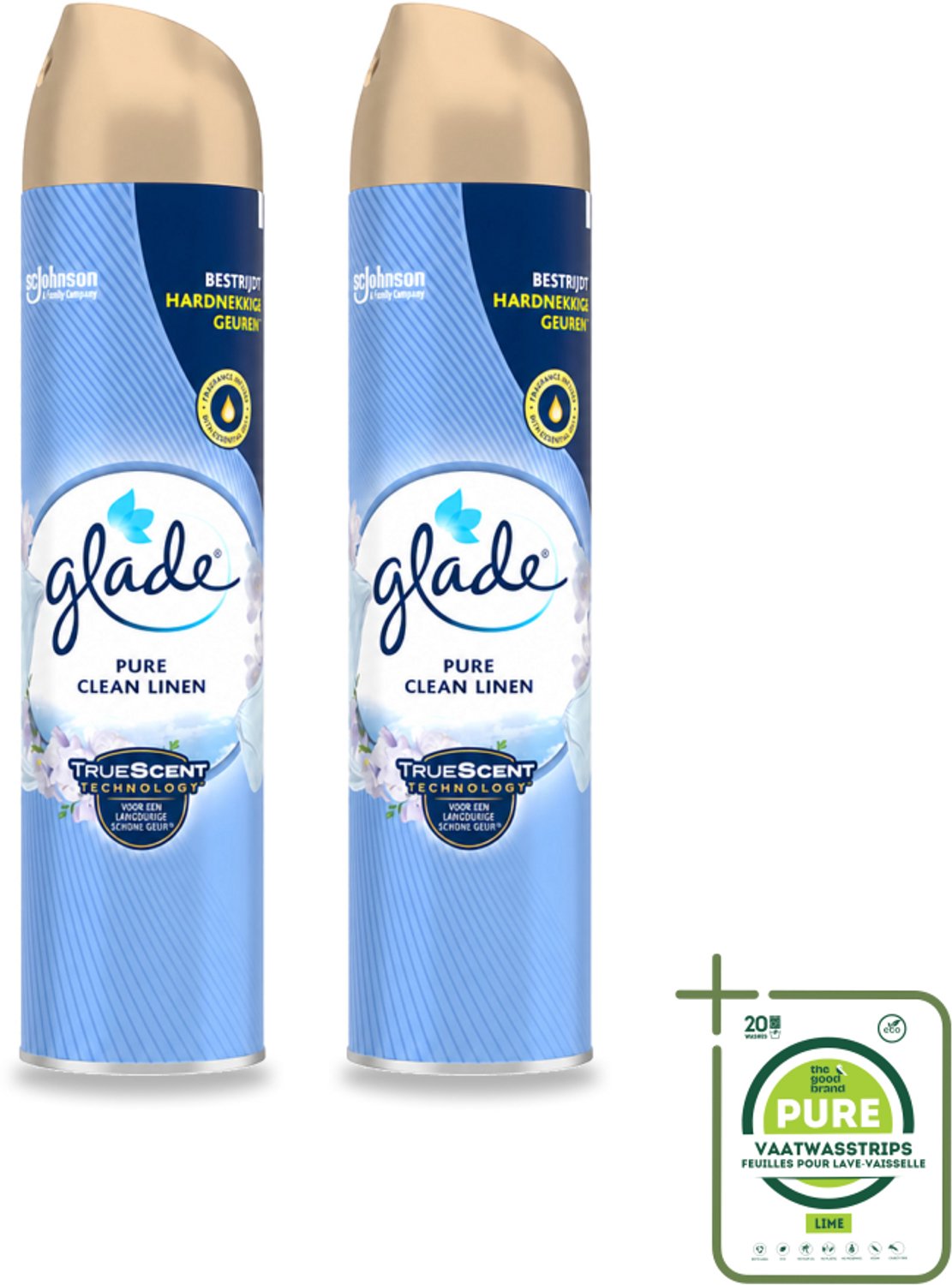 2 x Glade – Luchtverfrisser Spray – Pure Clean Linen – 300 ml - Grootverpakking - Vaatwasstrips - Luchtverfrisser Linnen Geur - Frisse Luchtverfrisser Spray - Luchtverfrisser Tegen Geurtjes - Luchtverfrisser Met Essentiële Oliën