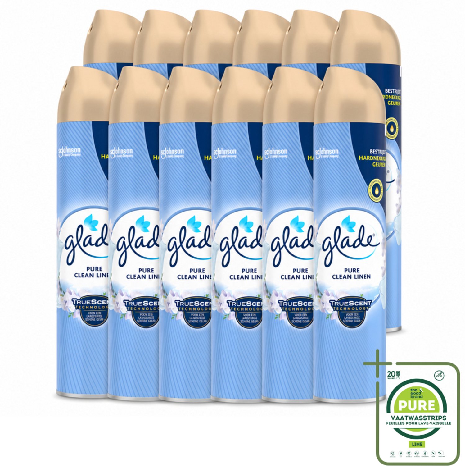 12 x Glade – Luchtverfrisser Spray – Pure Clean Linen – 300 ml - Grootverpakking - Vaatwasstrips - Luchtverfrisser Linnen Geur - Frisse Luchtverfrisser Spray - Luchtverfrisser Tegen Geurtjes - Luchtverfrisser Met Essentiële Oliën
