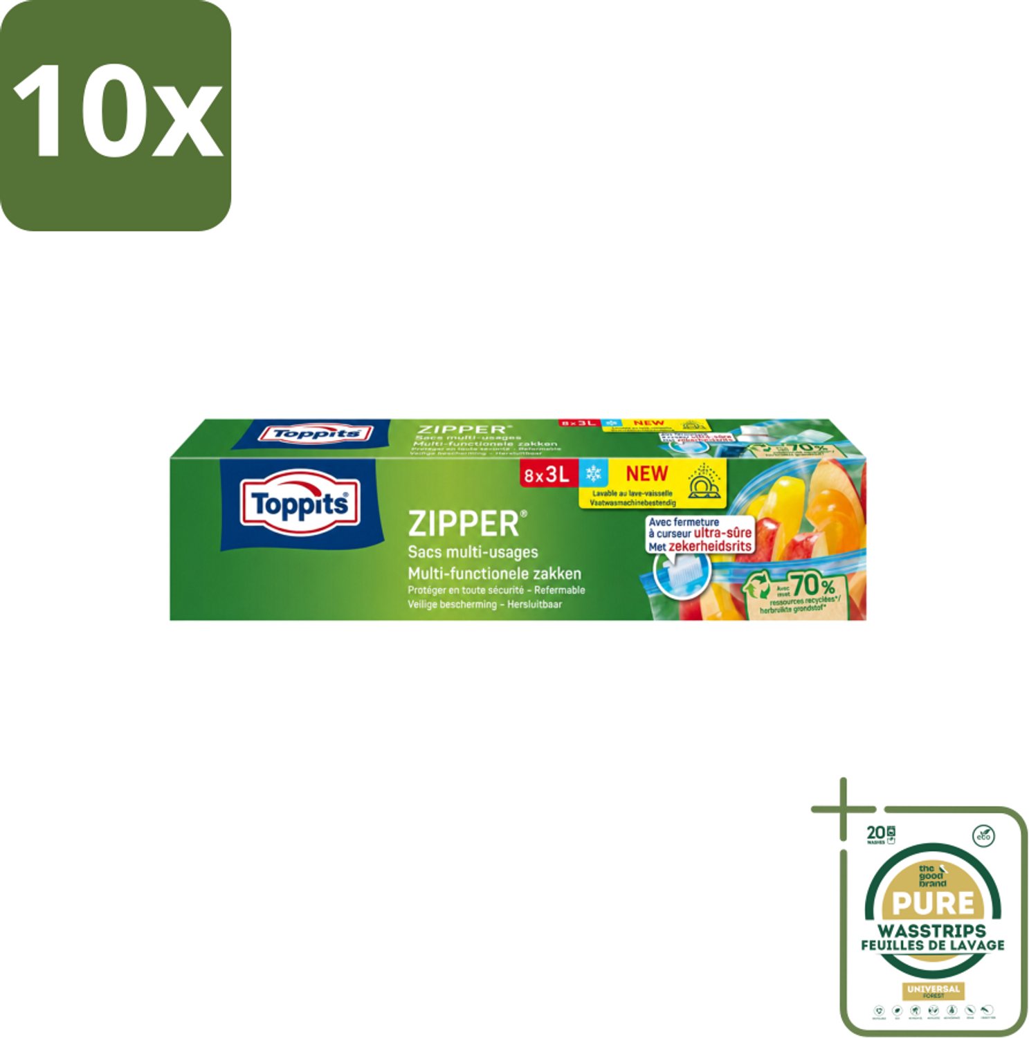 10 x Toppits – Zipper Multifunctionele Zakken – 3 Liter – 8 Zakjes - Wasstrips - Zipper Zakken - Lekvrij - Herbruikbaar - Marineren - Bewaren