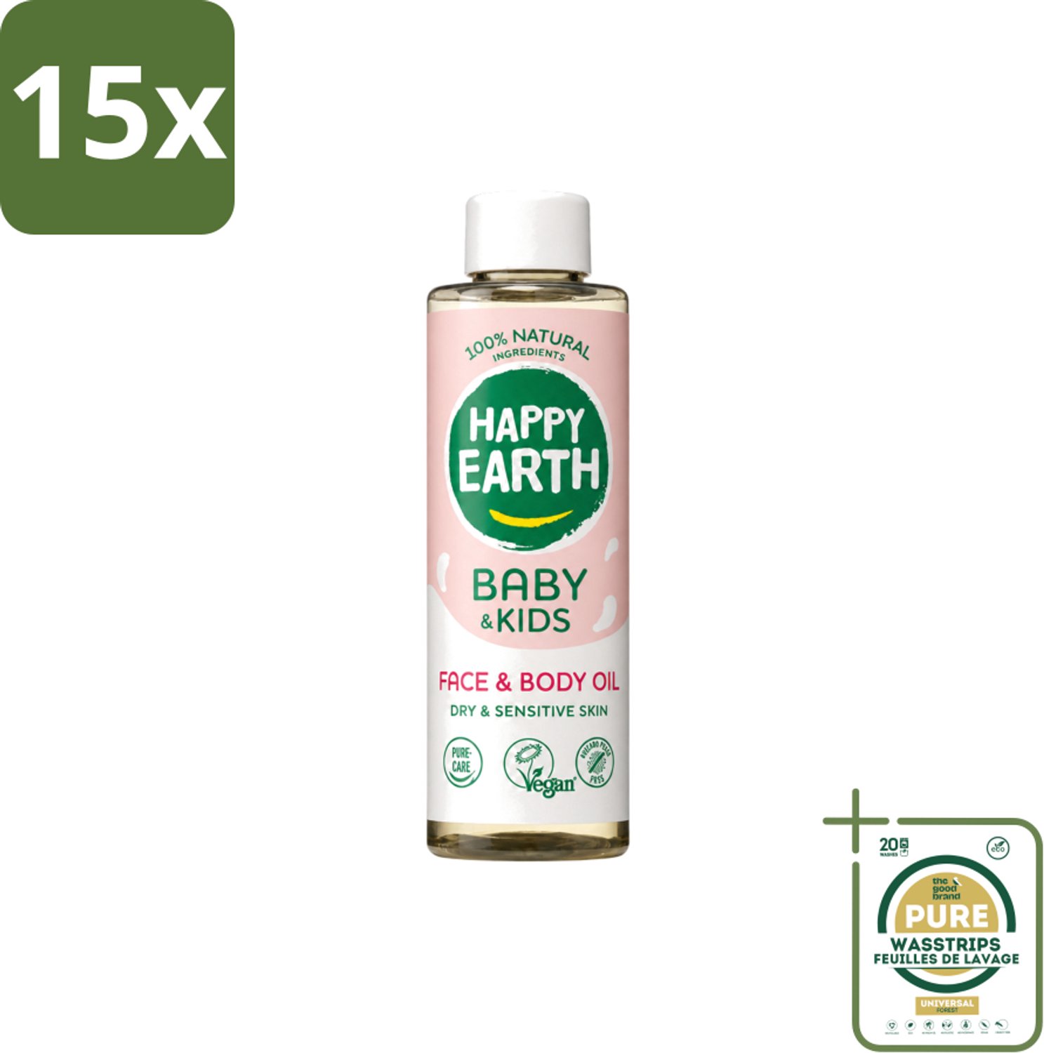 15 x Happy Earth – Face & Body Oil – 100% Natuurlijk Baby & Kids – 150 ml - Wasstrips - Babyolie - Gezichtsolie - Lichaamsoil - Natuurlijke Huidverzorging - Gevoelige Huid