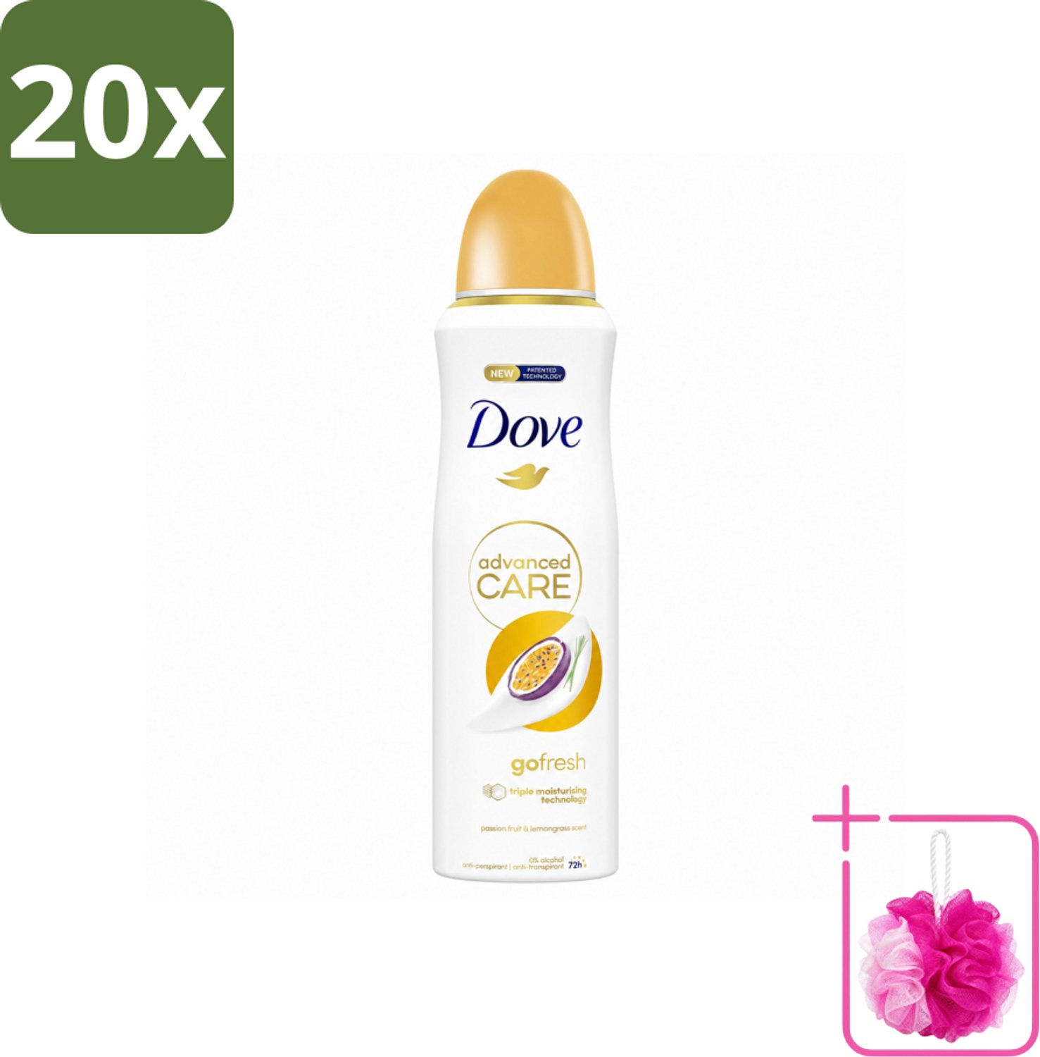 20 x Dove – Deodorant Spray – Go Fresh Passievrucht – 200 ml - Bulkverpakking - Anti-transpirant - Douchemop - Deodorant spray