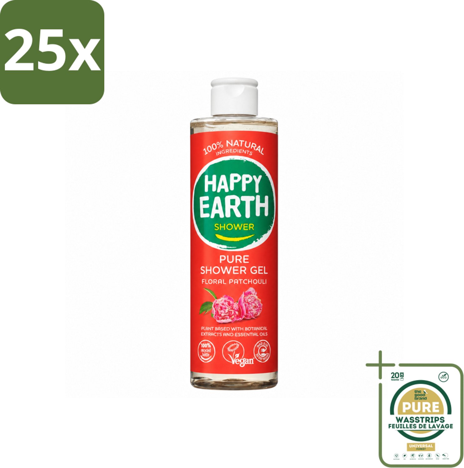25 x Happy Earth – Douchegel – 100% Natuurlijk Floral Patchouli – 300 ml - Wasstrips - Douchegel - Natuurlijke Douchegel - Vegan Douchegel - Patchouli Douchegel - Bloemige Douchegel