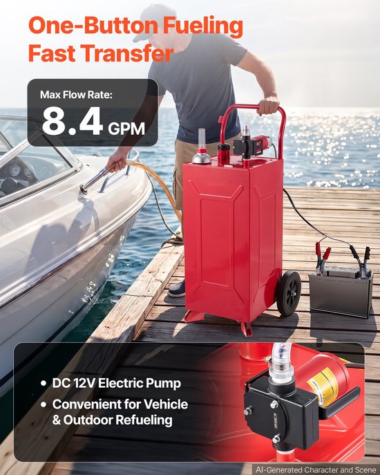 Brandstoftrolley - Mobiel Brandstoftanksysteem - 113,6 l - 12V Elektrische Pomp - Voor Benzine en Diesel - 2 Wielen - Oliepeilindicator - Rood — afbeelding 3